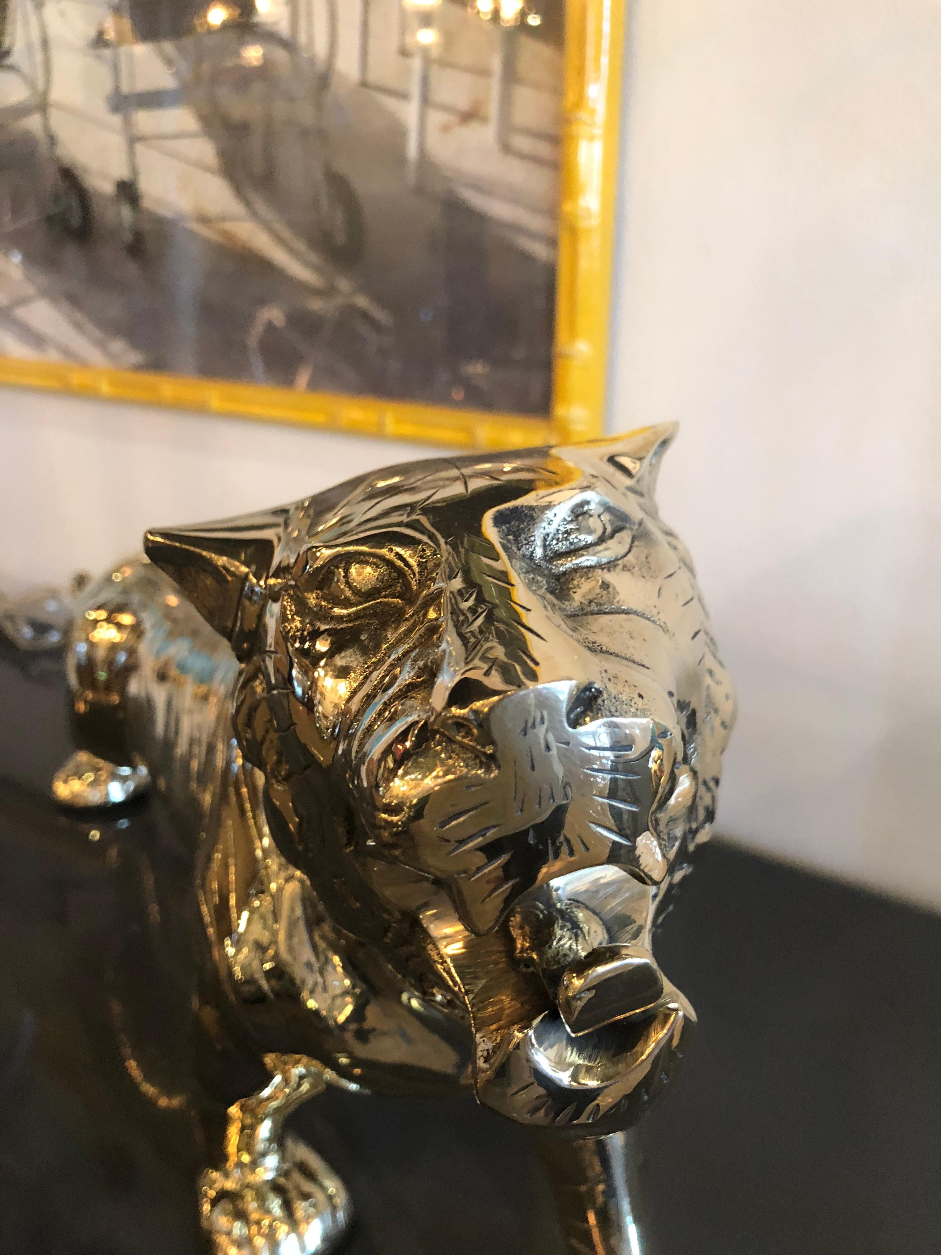 Hollywood Regency Vintage Polished Brass Preying Tiger Statue Pair Available