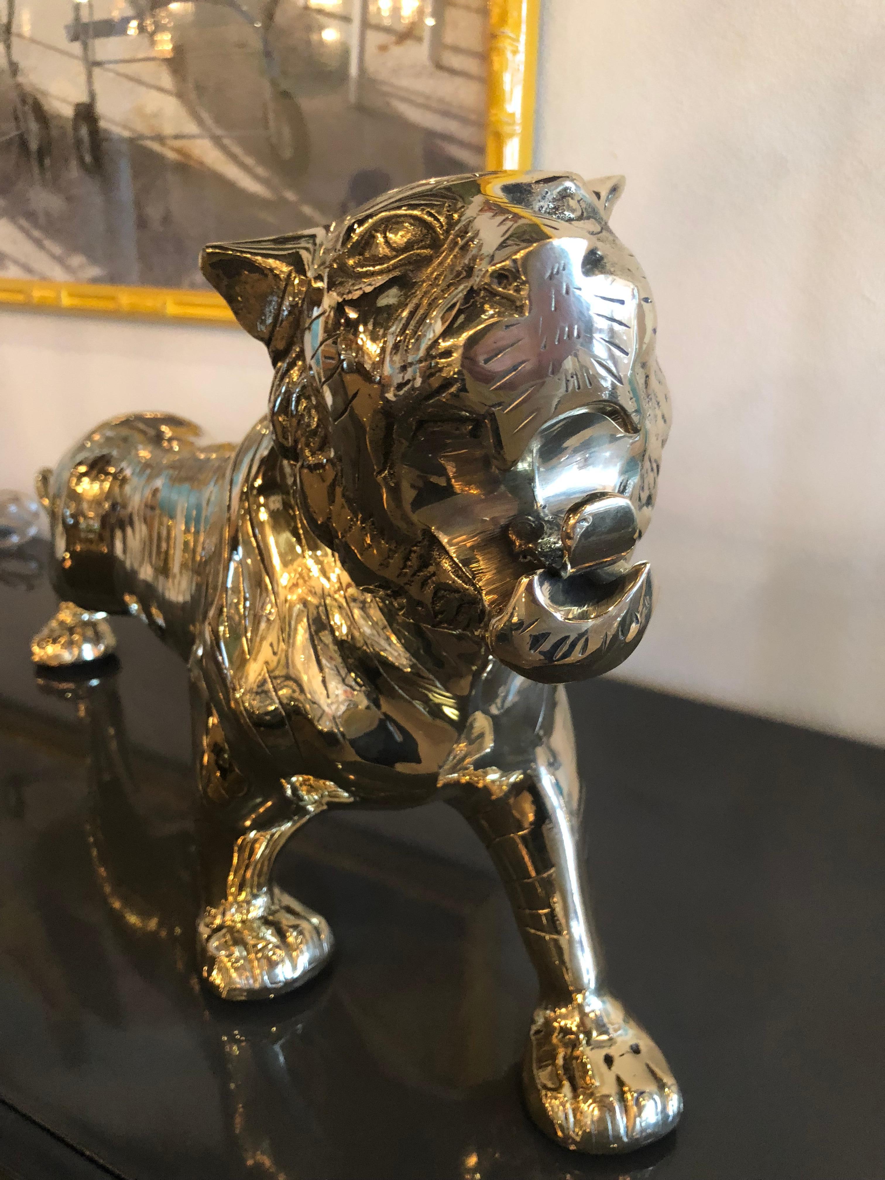 American Vintage Polished Brass Preying Tiger Statue Pair Available