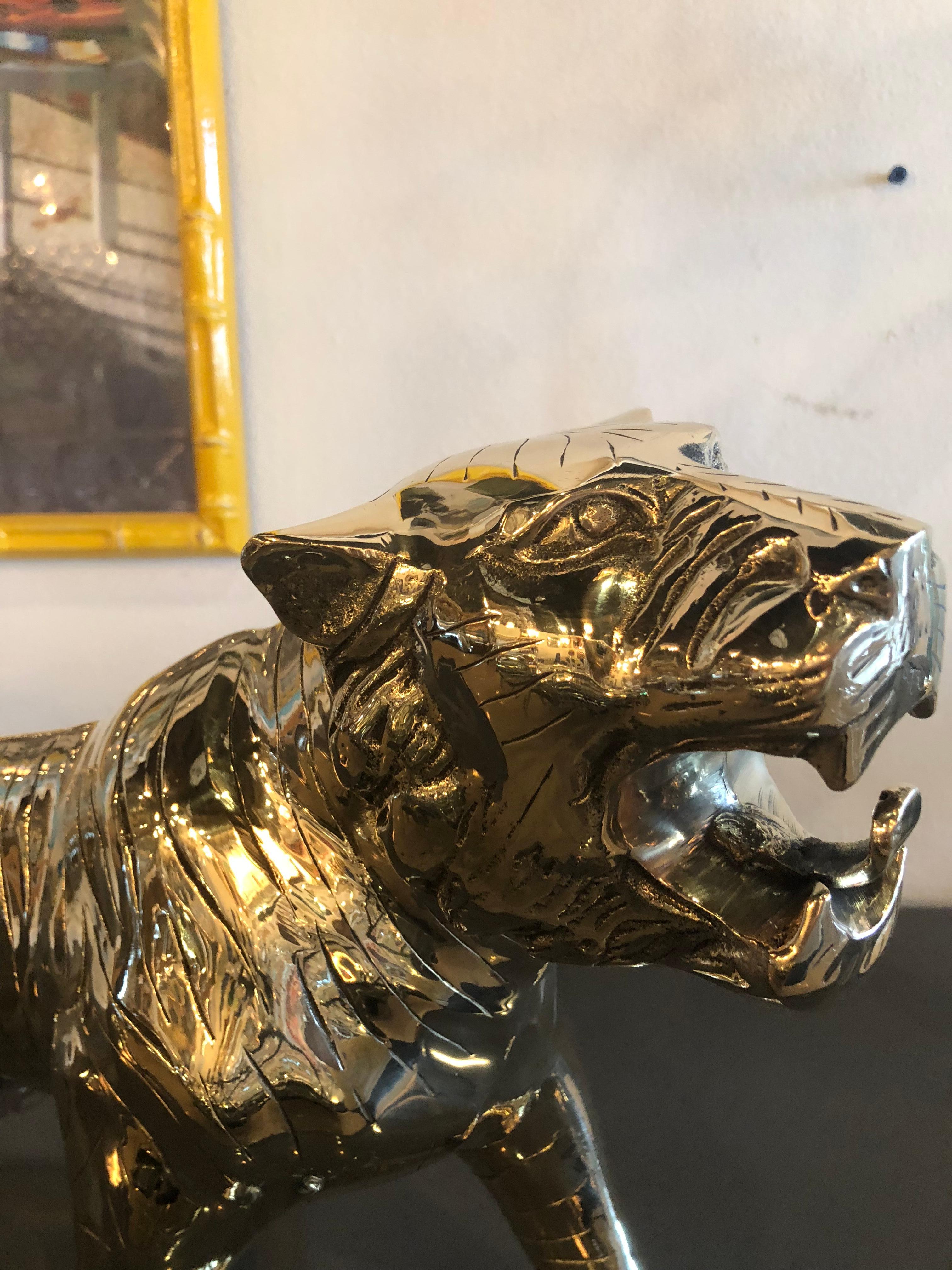 Vintage Polished Brass Preying Tiger Statue Pair Available In Good Condition In West Palm Beach, FL