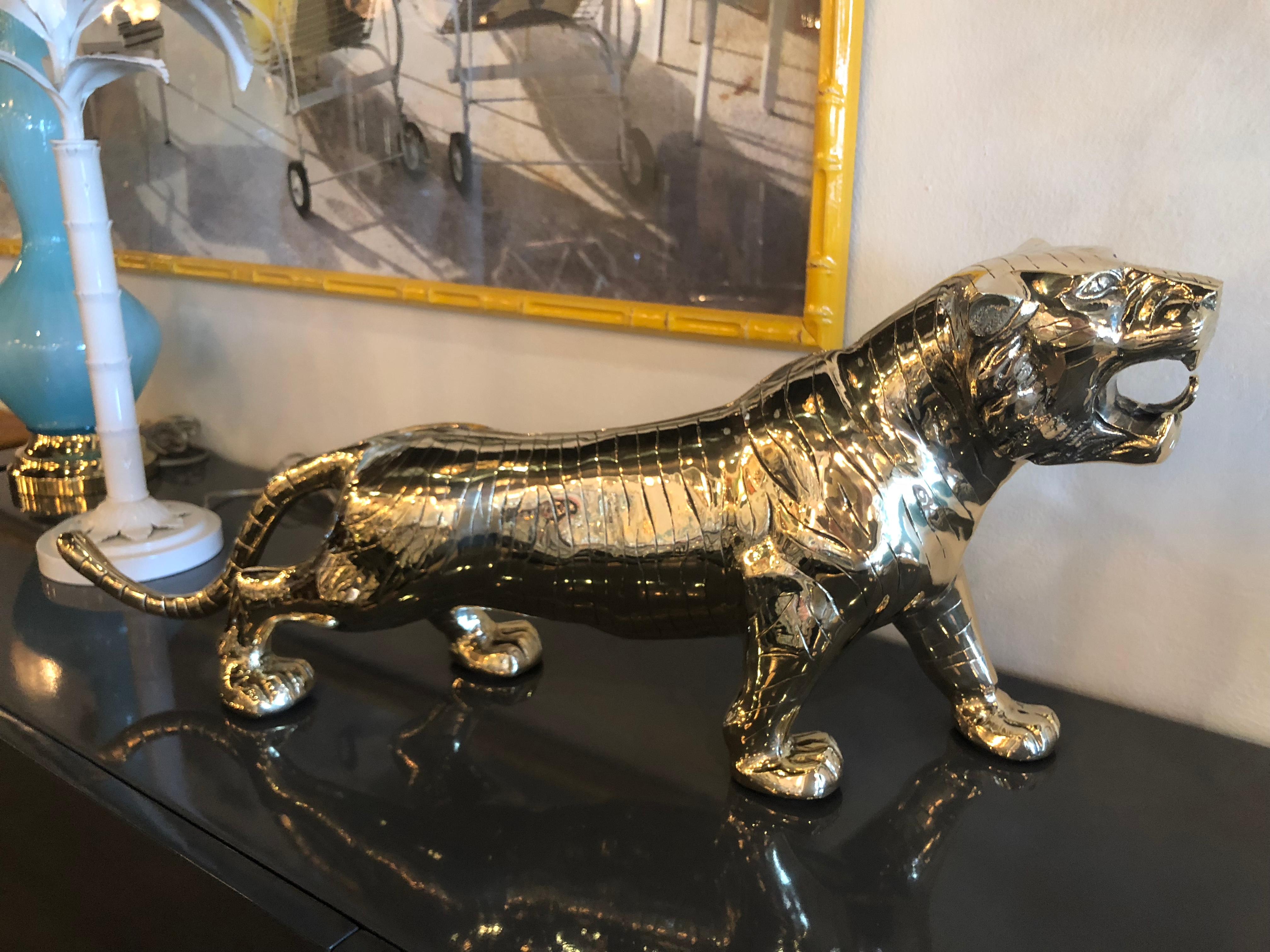 Late 20th Century Vintage Polished Brass Preying Tiger Statue Pair Available