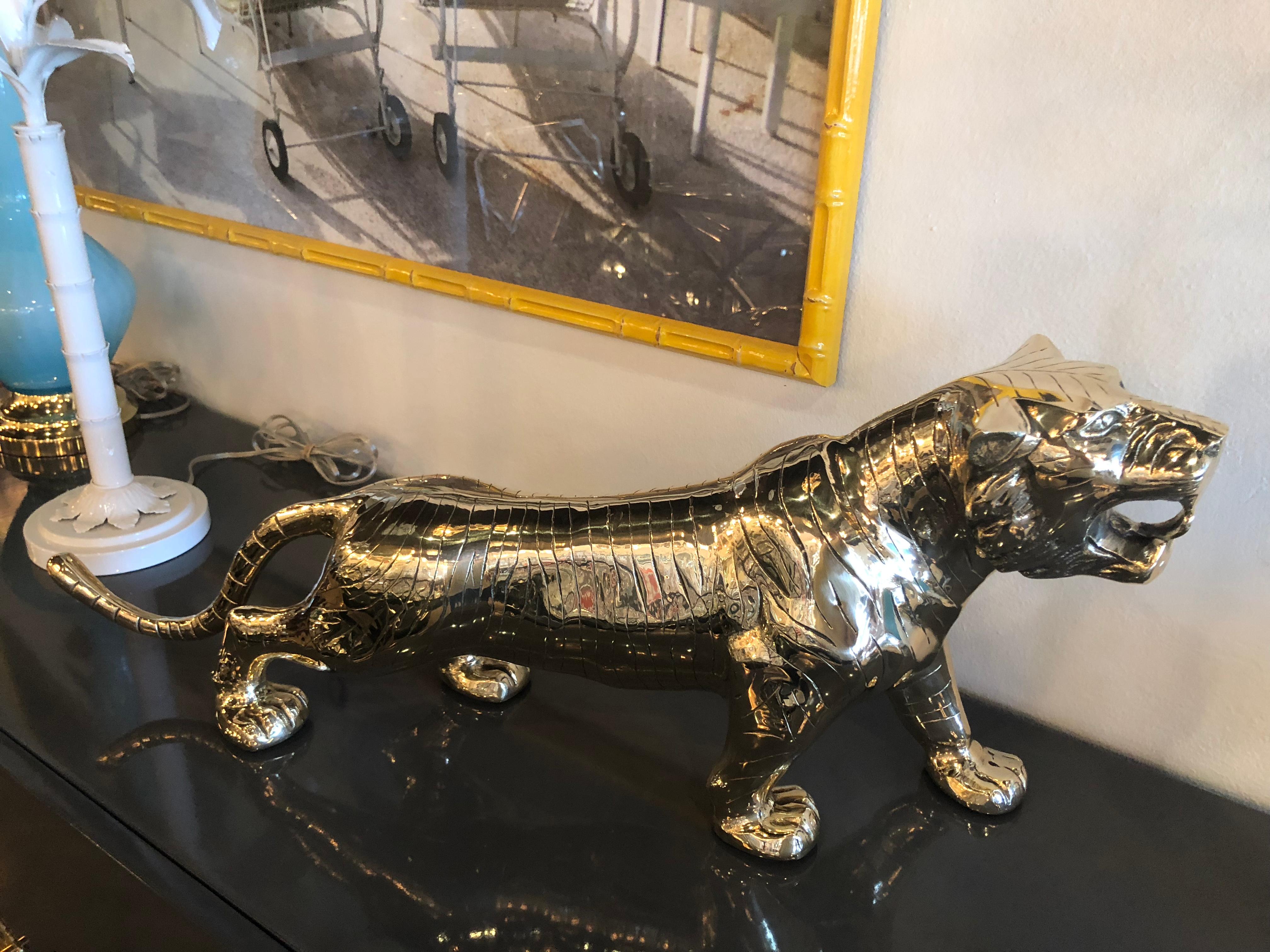 Vintage Polished Brass Preying Tiger Statue Pair Available 1