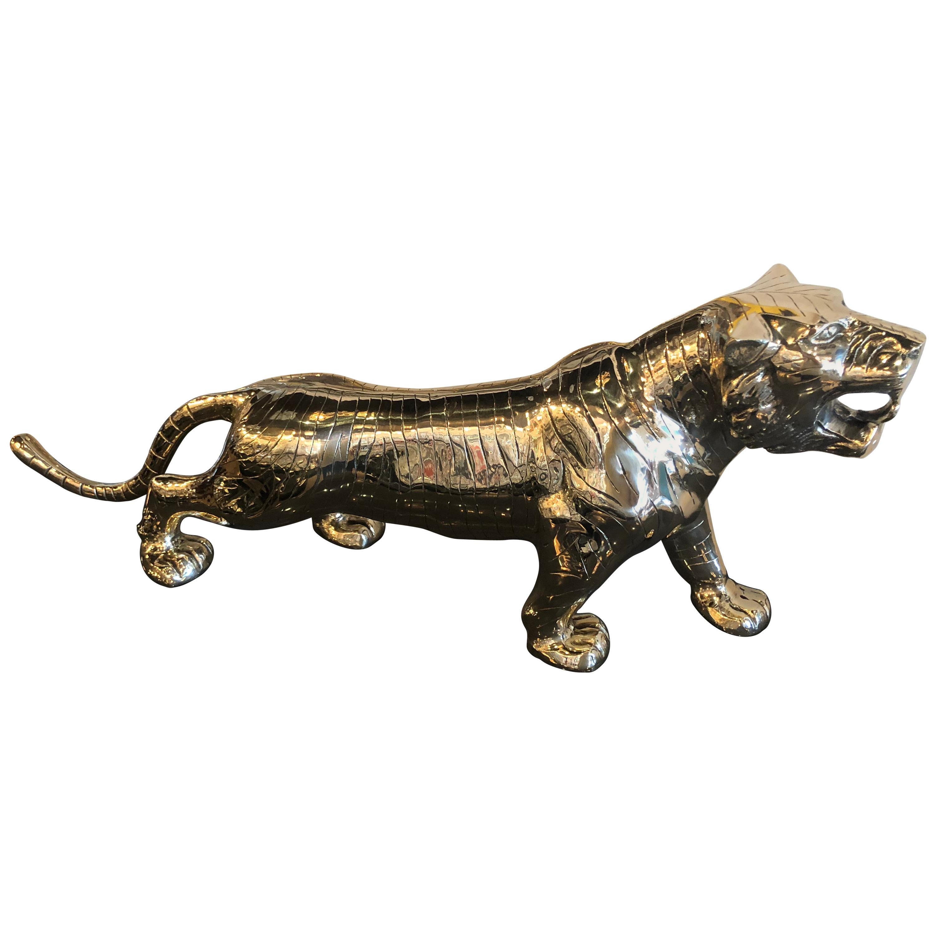 Vintage Polished Brass Preying Tiger Statue Pair Available