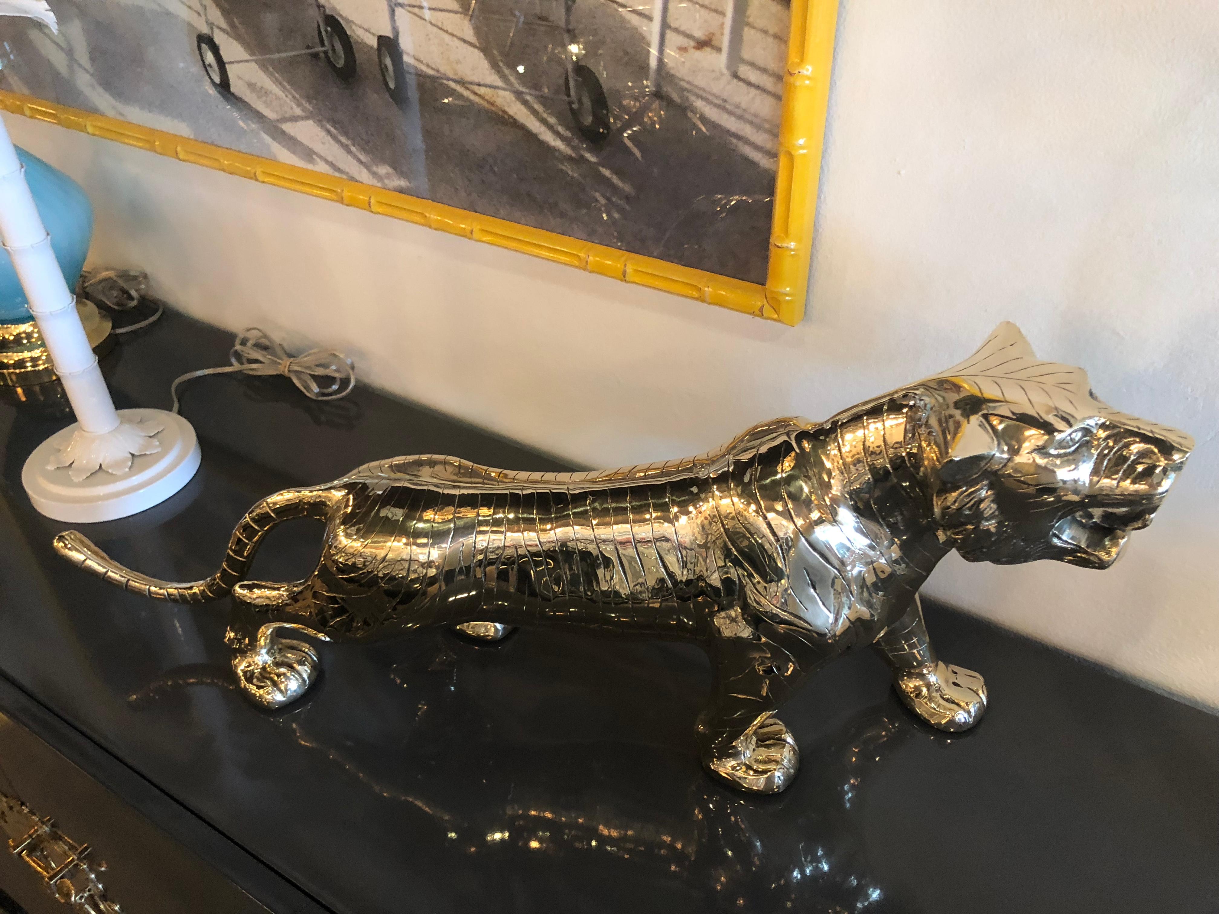 Vintage Polished Brass Preying Tiger Statue, Pair Available 2