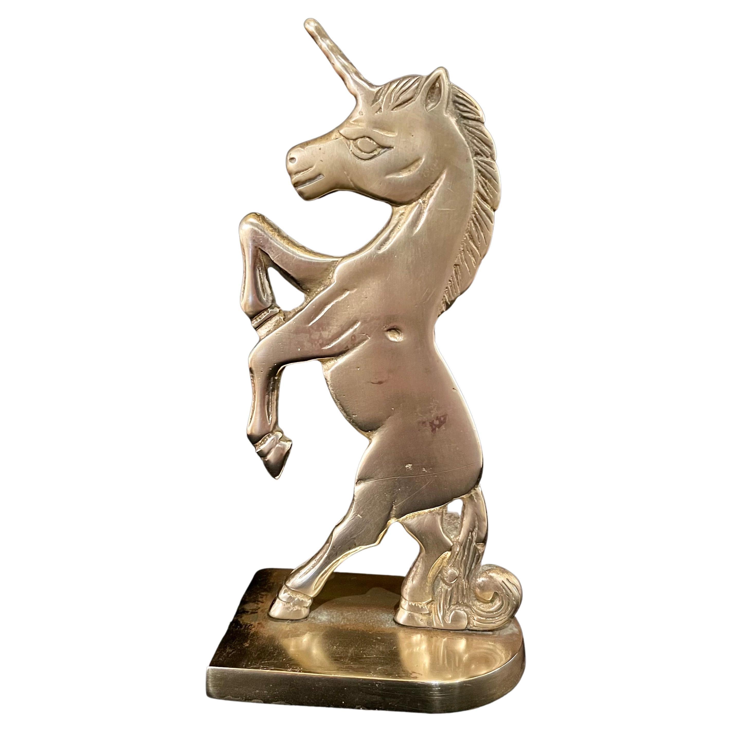 Vintage Polished Brass Rare Unicorn Bookend Sculpture For Sale