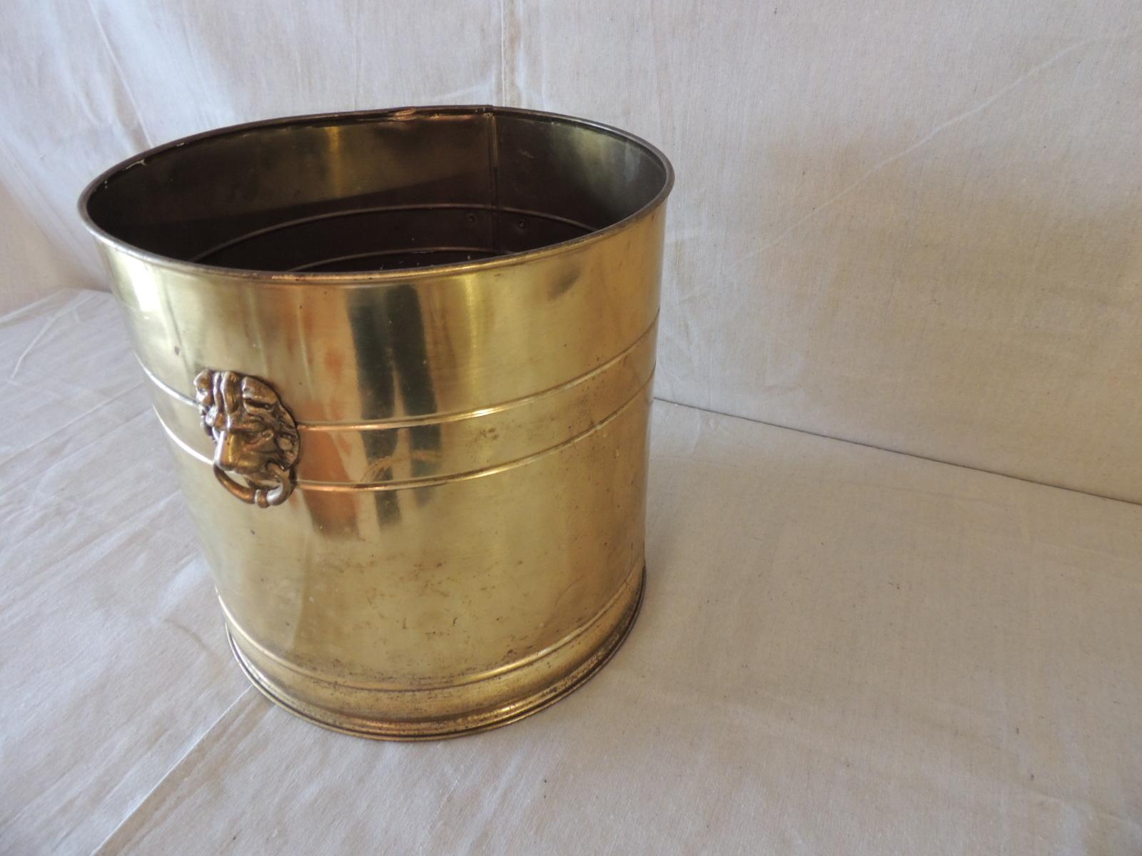 Hollywood Regency Vintage Polished Brass Round Cauldron with Lions Heads