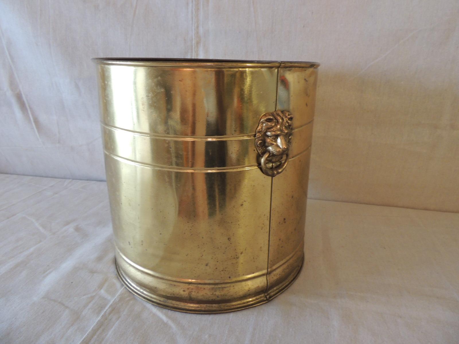 Hand-Crafted Vintage Polished Brass Round Cauldron with Lions Heads