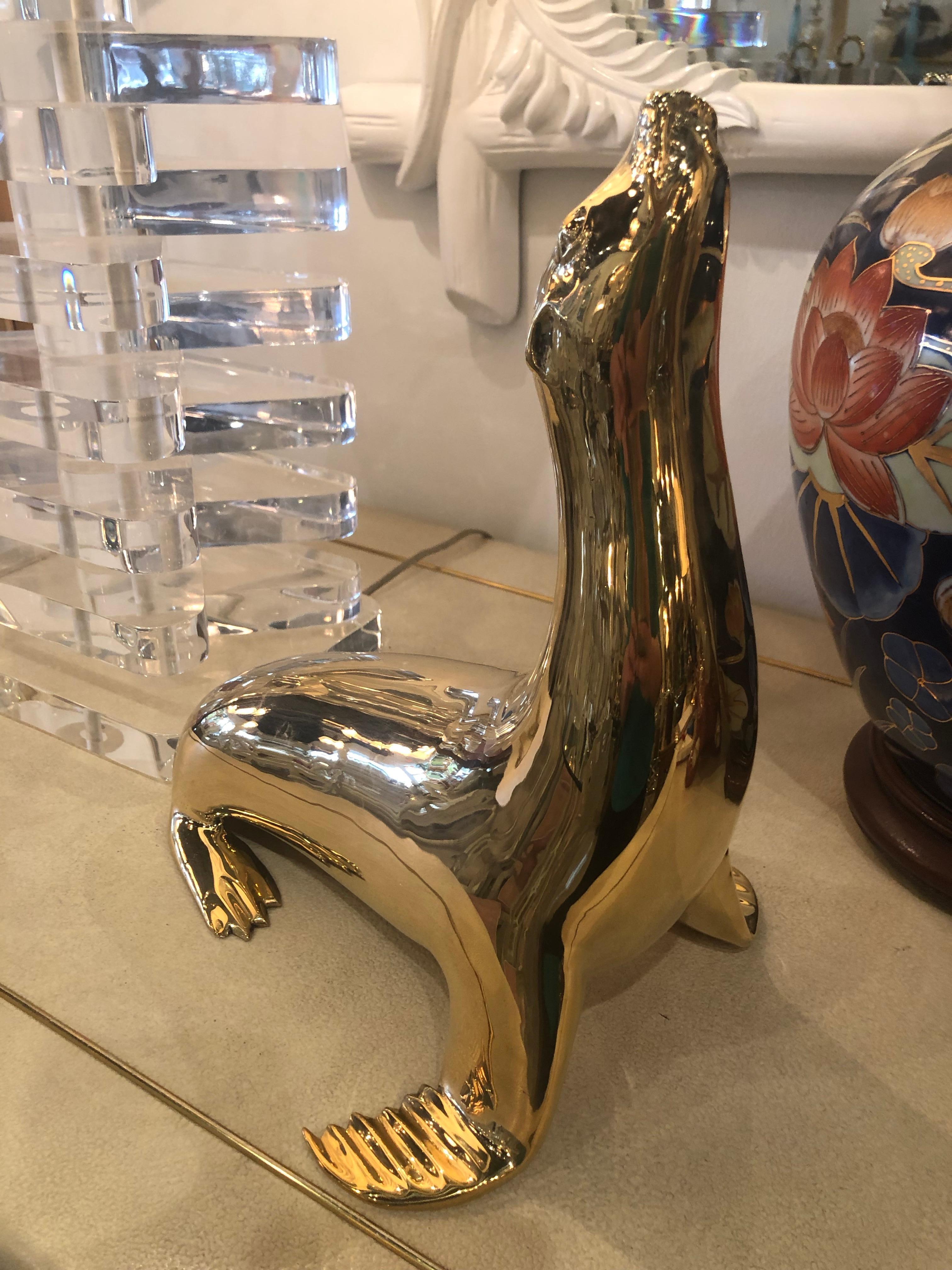 Hollywood Regency Vintage Polished Brass Seal Animal Figure Statue For Sale