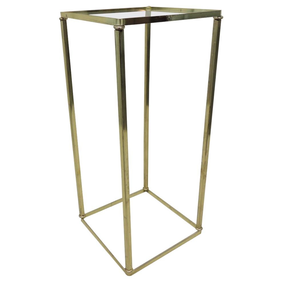 Vintage Polished Brass Side Pedestal Table with Glass Top at 1stDibs