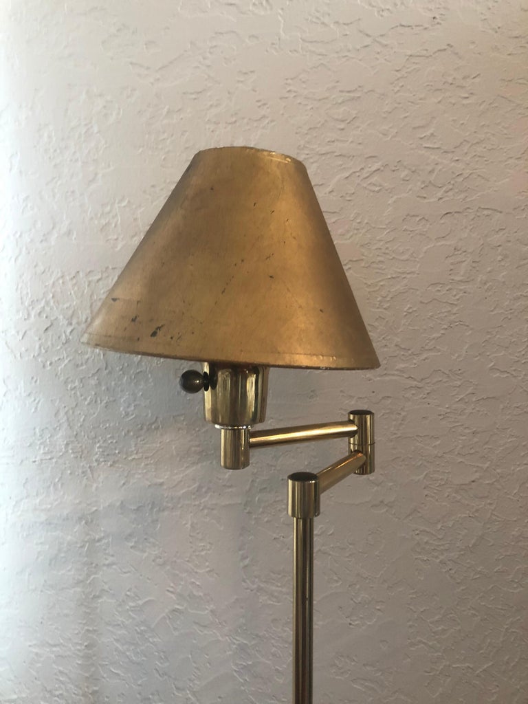 Vintage Polished Brass SwingArm Floor Lamp with Gold Leaf Paper Shade