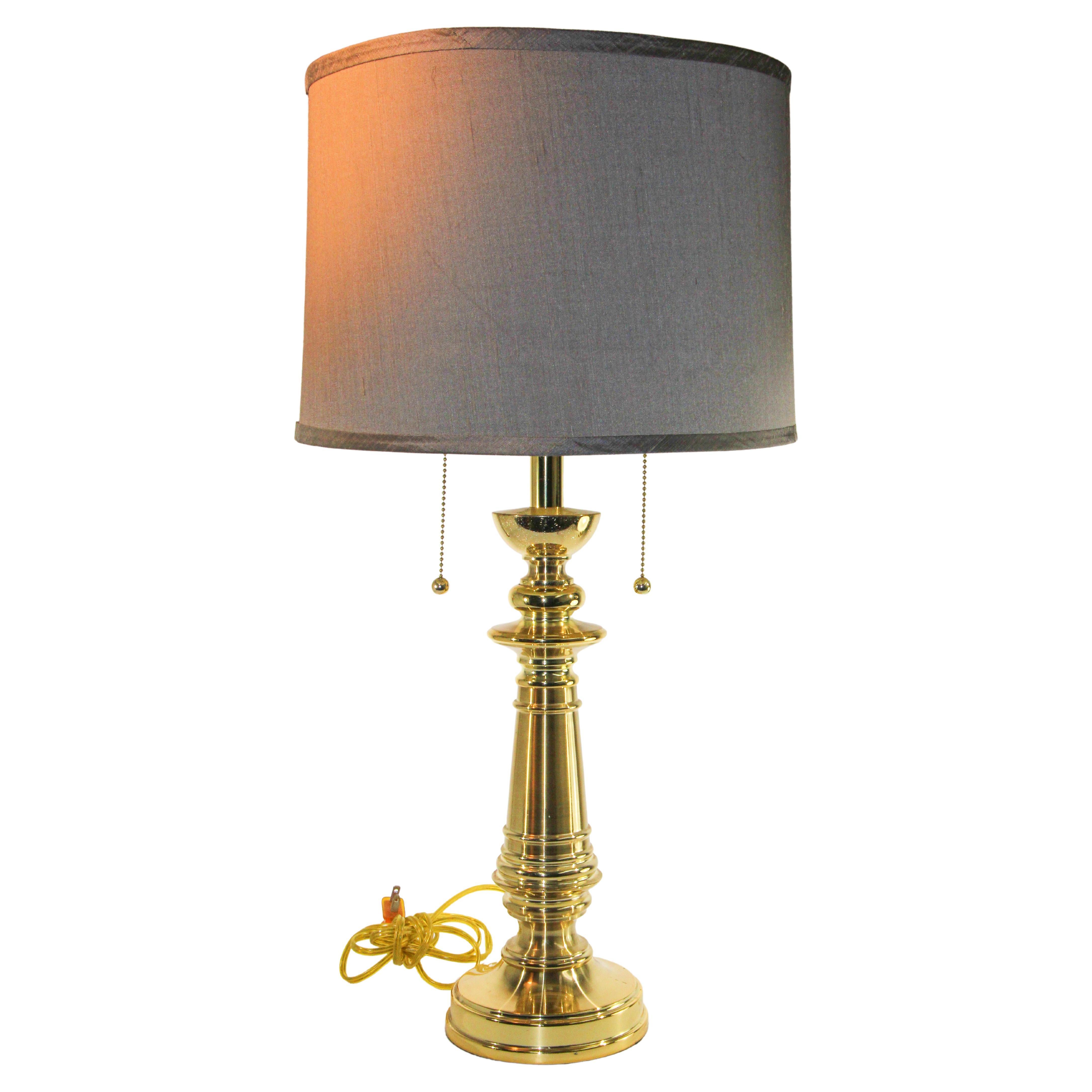 Vintage Polished Brass Turned Column Table Lamp For Sale
