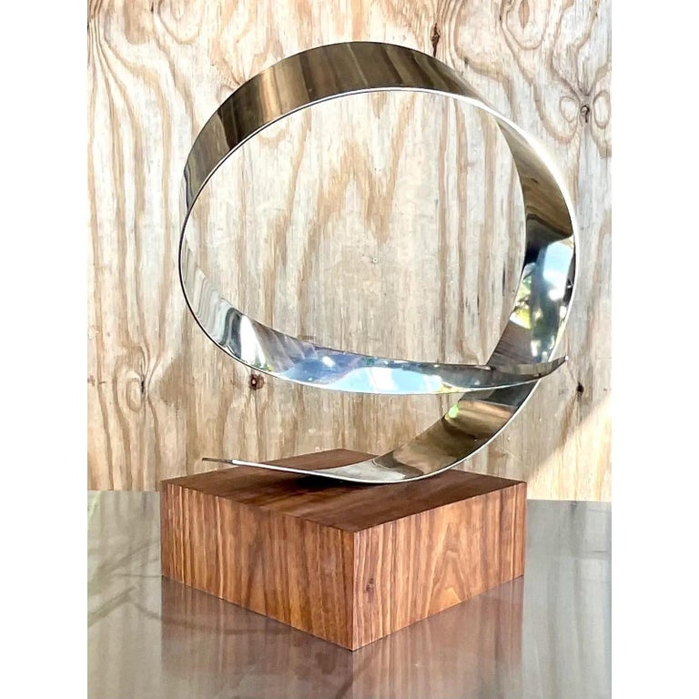 North American Vintage Polished Chrome and Black Walnut Abstract Ribbon Sculpture For Sale