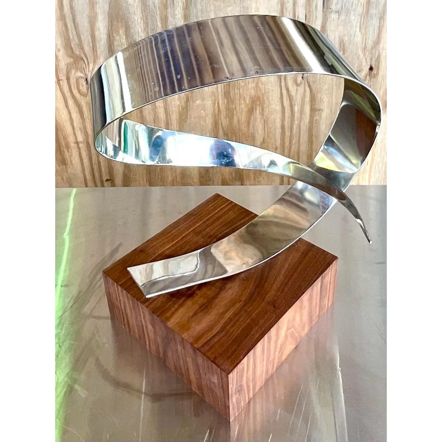 North American Vintage Polished Chrome and Black Walnut Abstract Ribbon Sculpture
