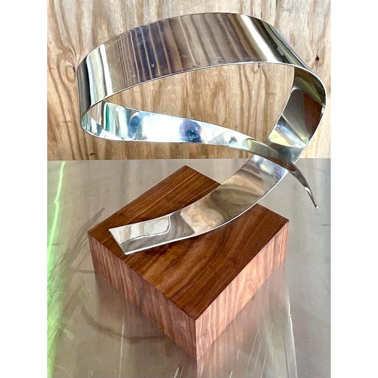 Vintage Polished Chrome and Black Walnut Abstract Ribbon Sculpture In Good Condition For Sale In west palm beach, FL