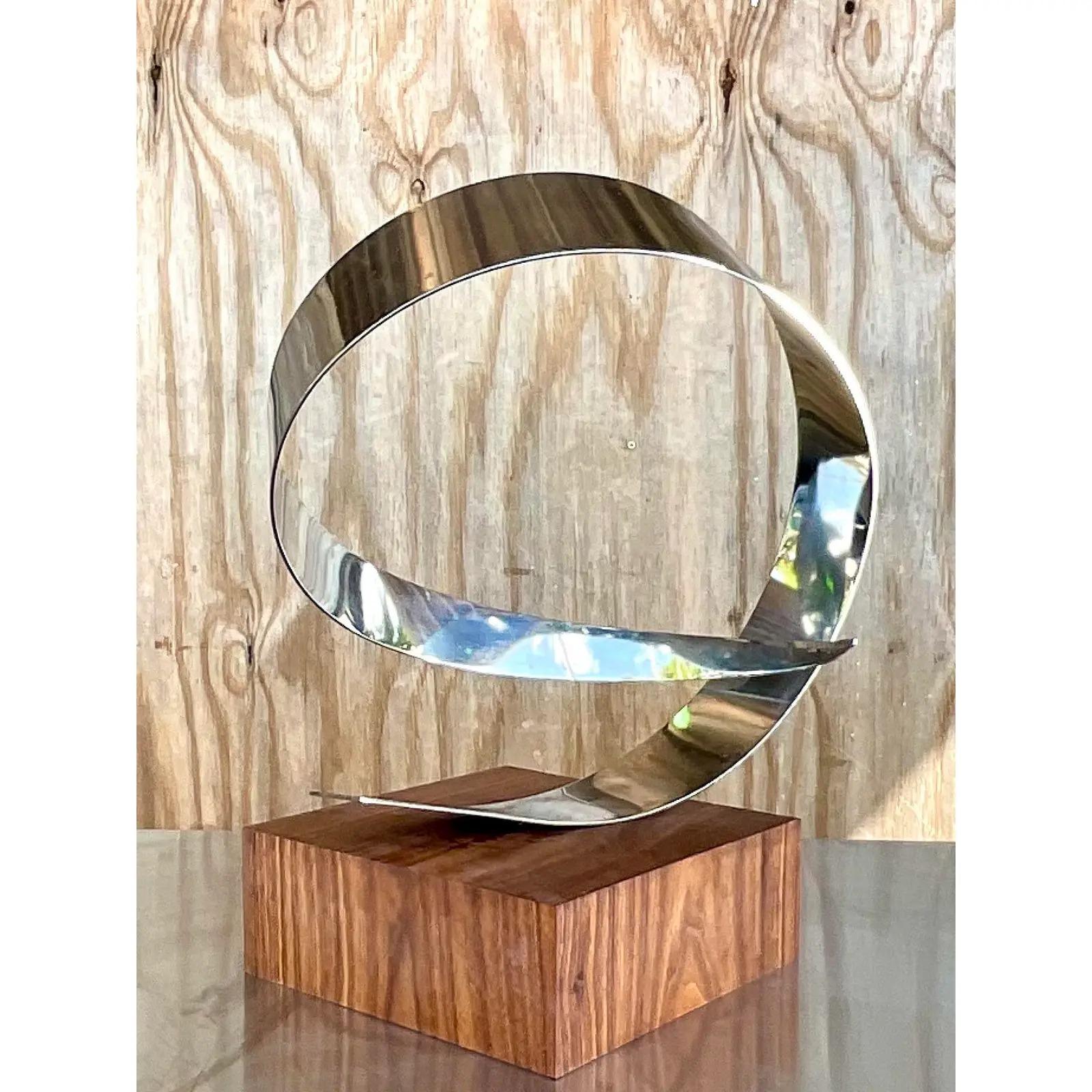 Vintage Polished Chrome and Black Walnut Abstract Ribbon Sculpture In Good Condition In West Palm Beach, FL
