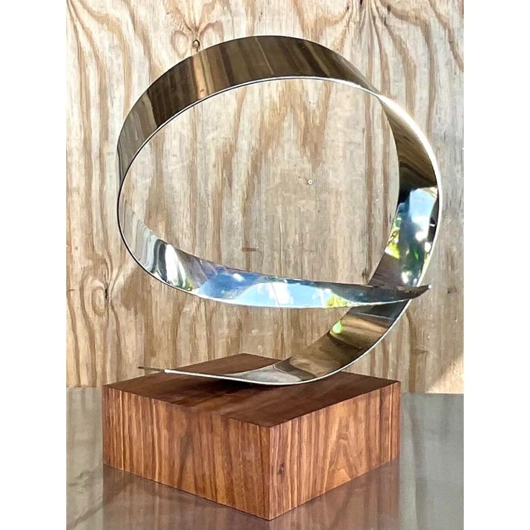 Vintage Polished Chrome and Black Walnut Abstract Ribbon Sculpture For Sale 1