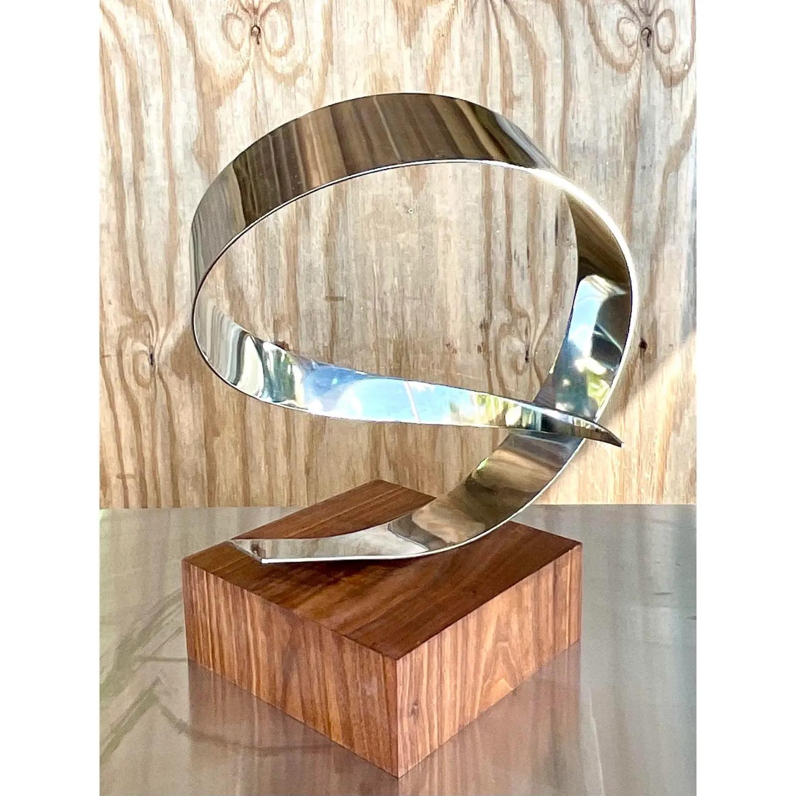 Vintage Polished Chrome and Black Walnut Abstract Ribbon Sculpture 1