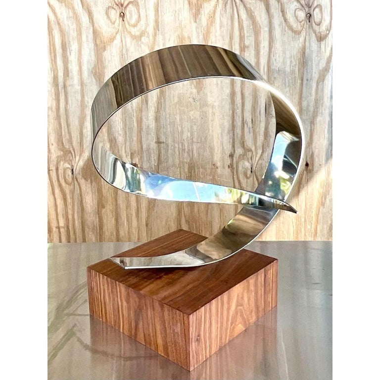 Vintage Polished Chrome and Black Walnut Abstract Ribbon Sculpture For Sale 2