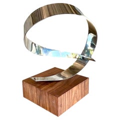 Vintage Polished Chrome and Black Walnut Abstract Ribbon Sculpture