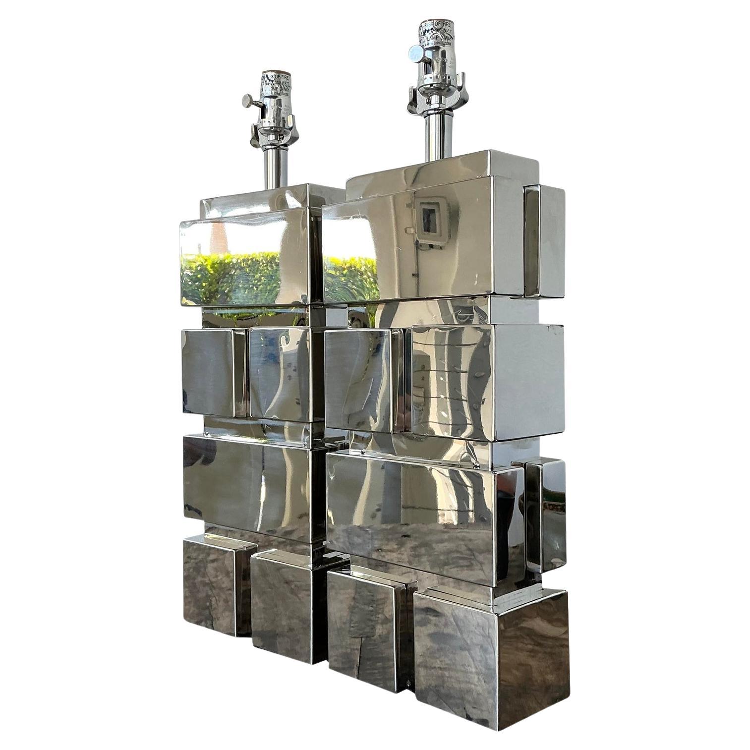 Vintage Polished Chrome Lamps After Curtis Jere