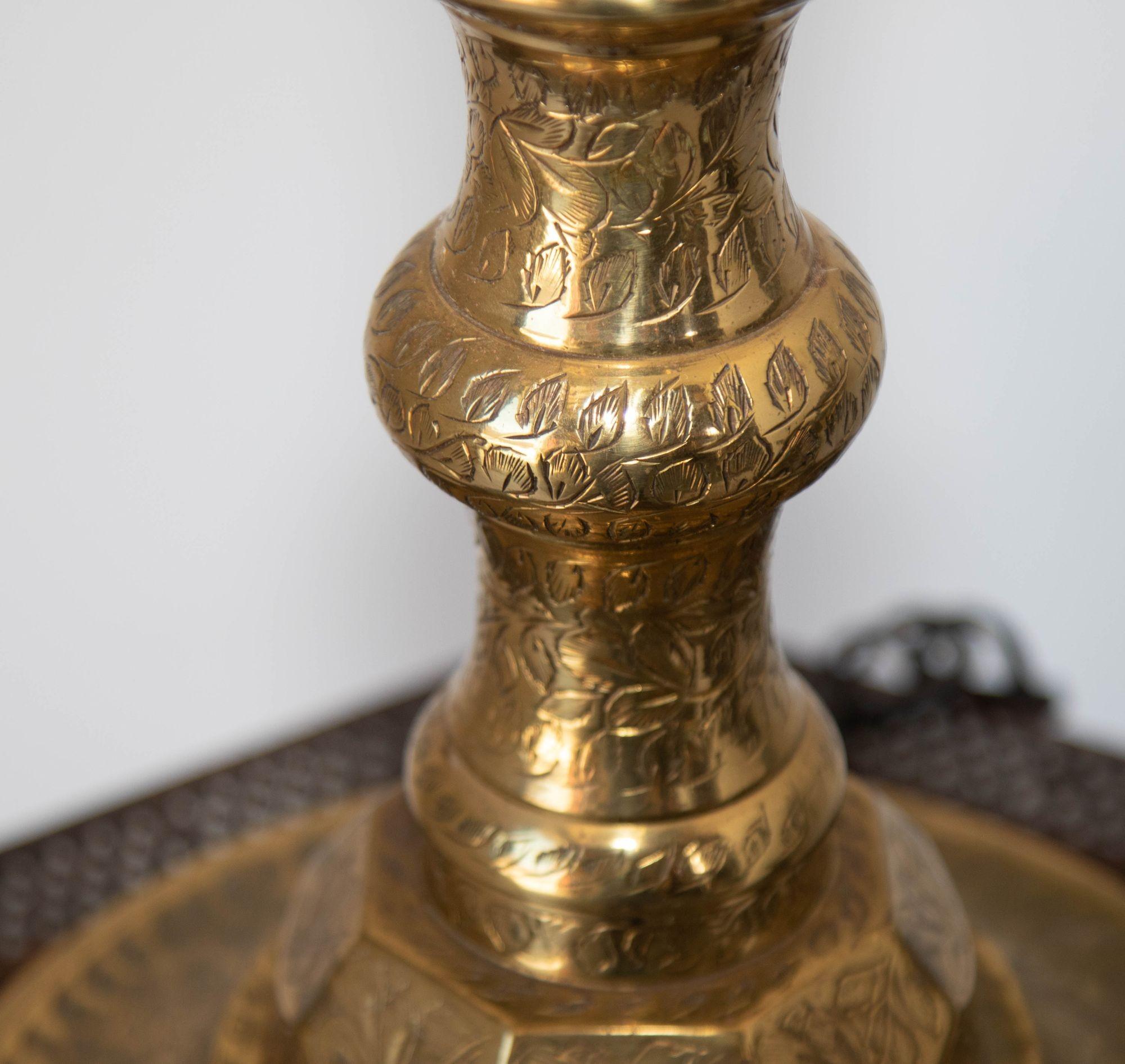 Vintage Polished Etched Solid Brass Candle Holder Table Lamp India For Sale 8