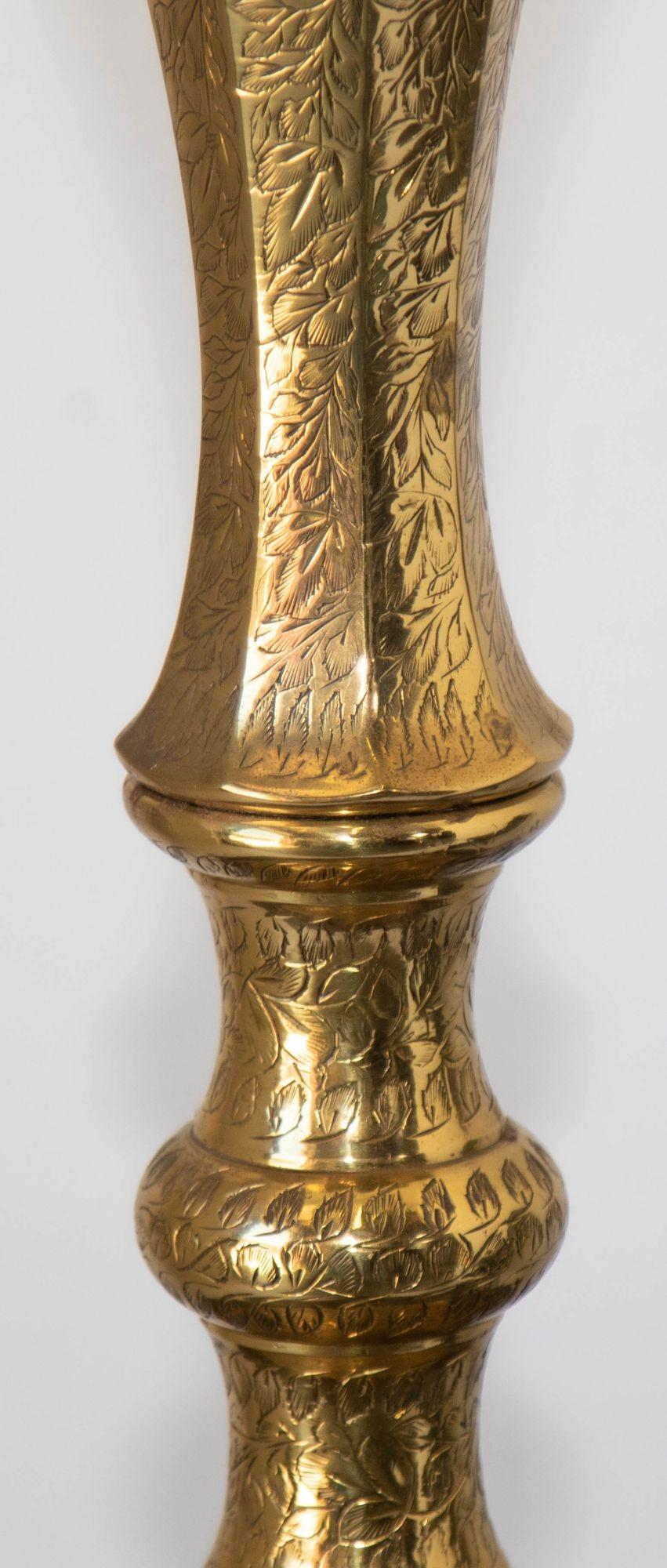 Hand-Carved Vintage Polished Etched Solid Brass Candle Holder Table Lamp India For Sale