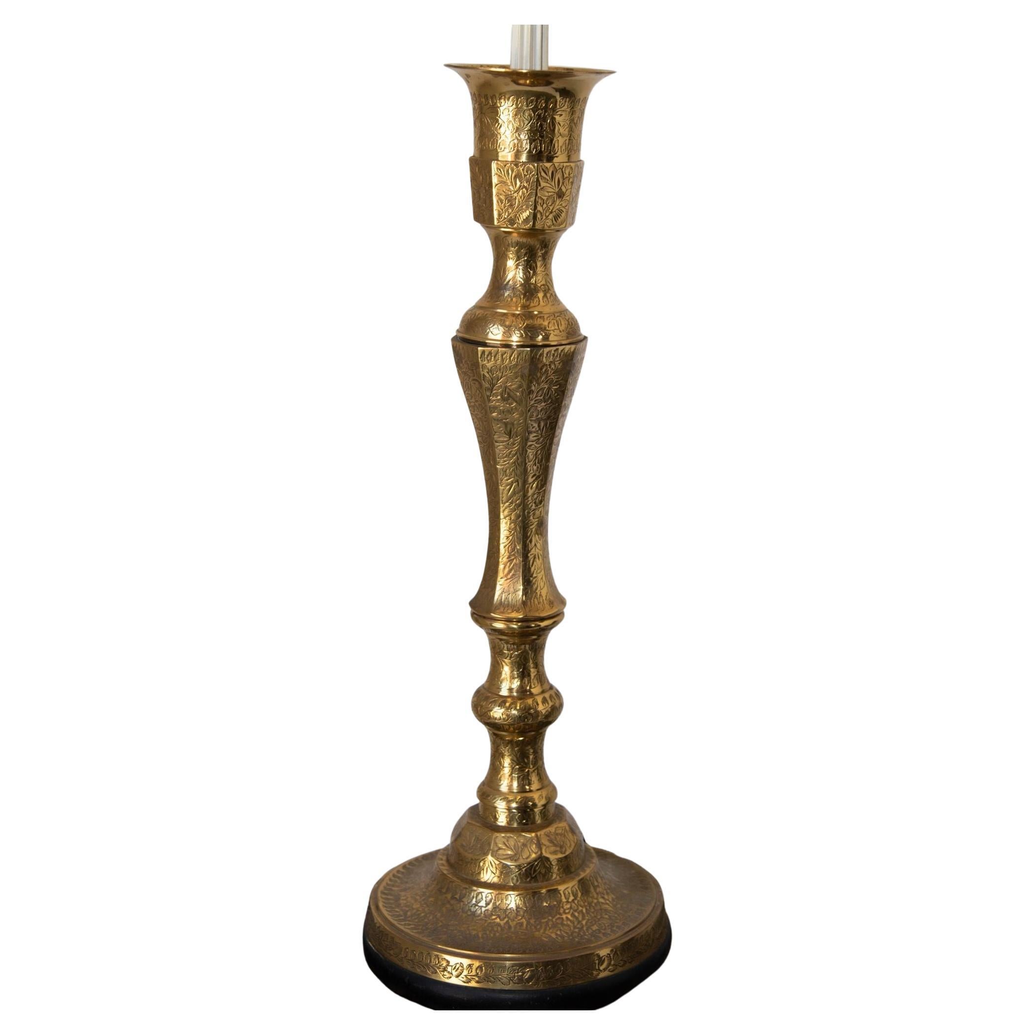 Vintage Polished Etched Solid Brass Candle Holder Table Lamp India For Sale