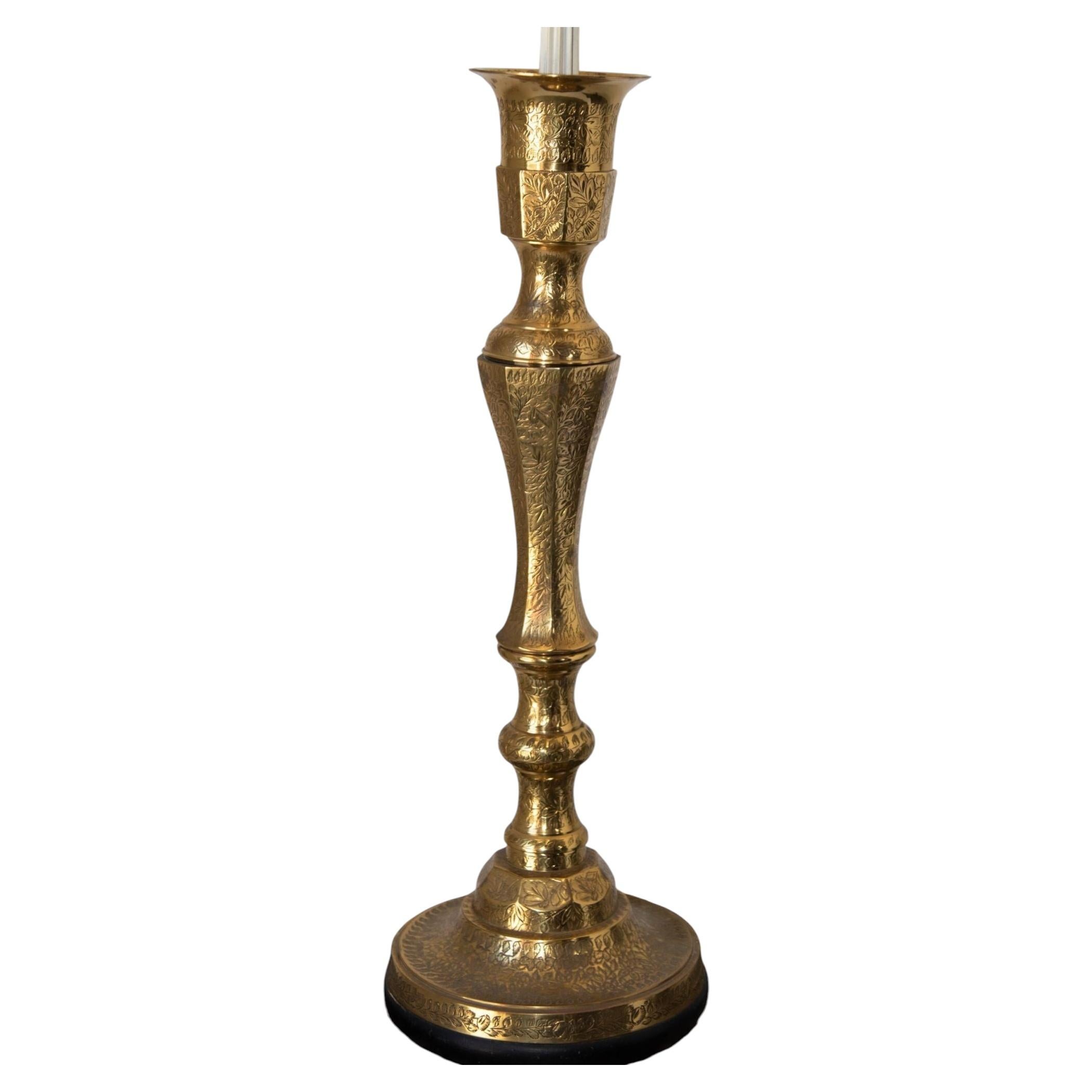 Vintage Polished Etched Solid Brass Candle Holder Table Lamp India