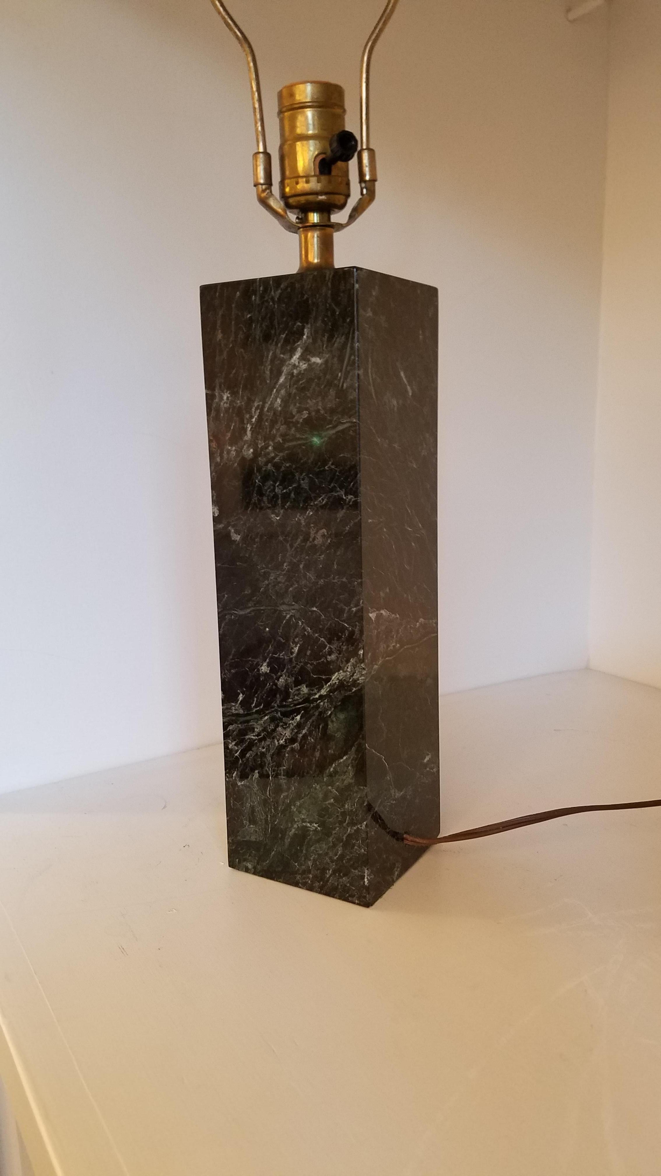 Simple square column of Vermont marble lamp, the onyx marble is accented with white and green veins, all mitred corners, brass hardware. Base is 3.5