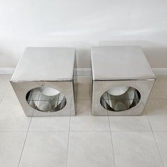 Vintage Polished Stainless Steel Cube Tables with Glass Shelves