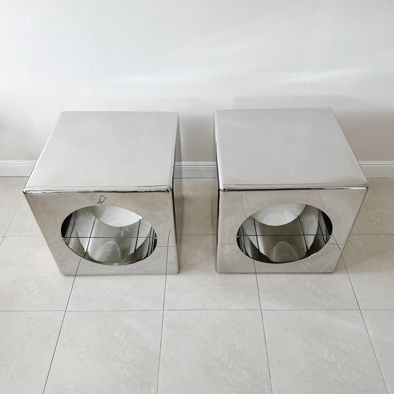 Vintage Polished Stainless Steel Cube Tables with Glass Shelves For