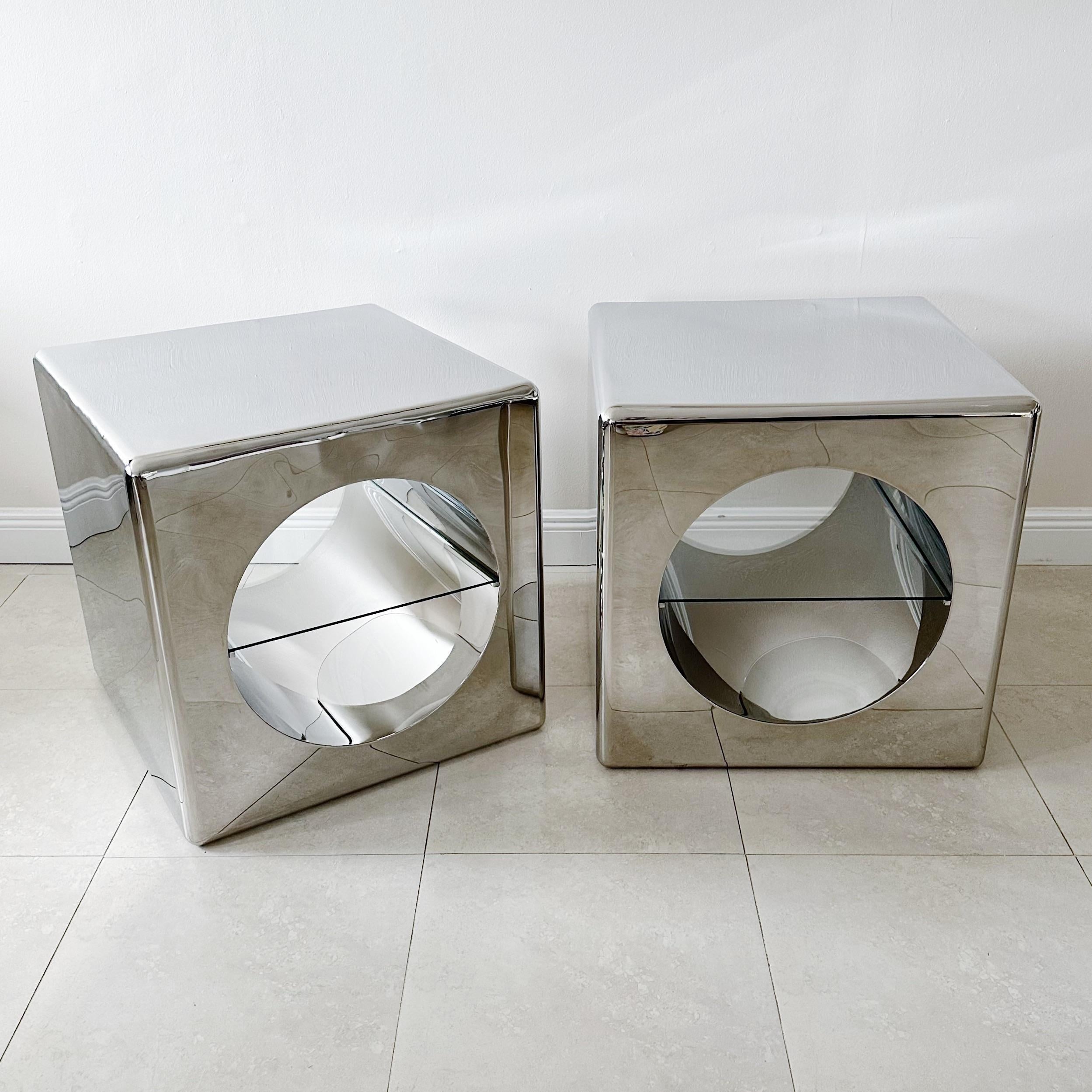 Mid-Century Modern Vintage Polished Stainless Steel Cube Tables with Glass Shelves