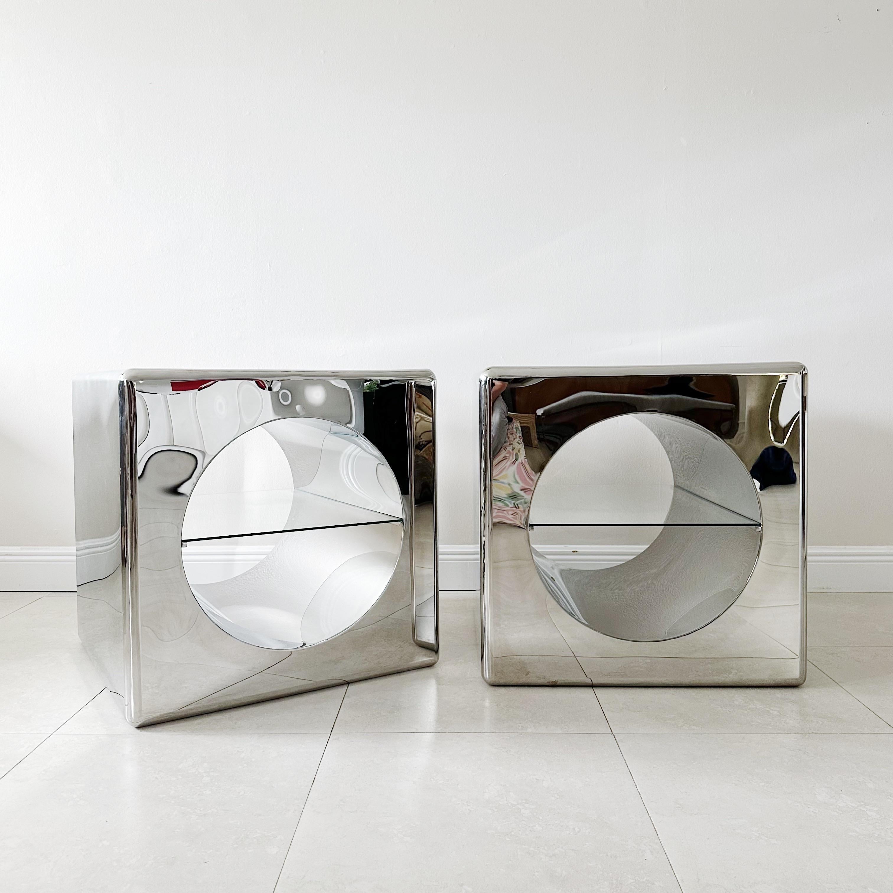 Hand-Crafted Vintage Polished Stainless Steel Cube Tables with Glass Shelves