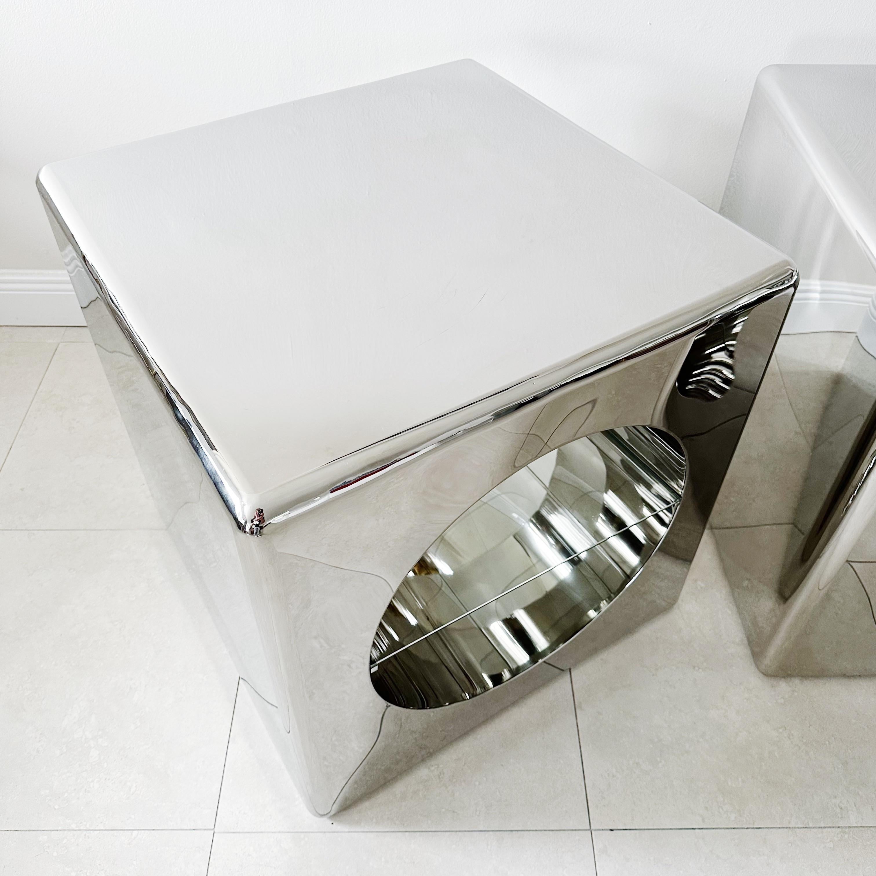 Vintage Polished Stainless Steel Cube Tables with Glass Shelves In Good Condition In West Palm Beach, FL