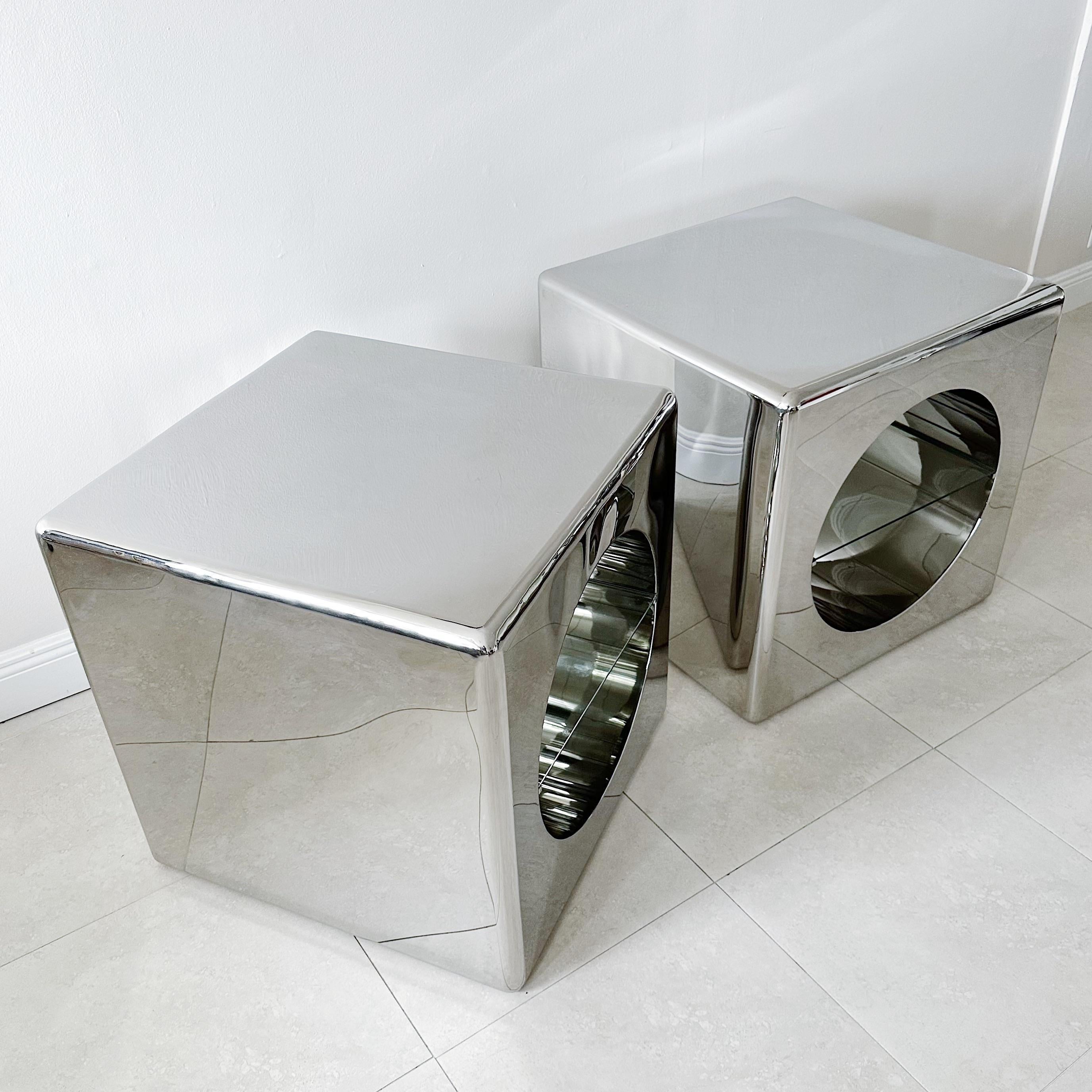 Vintage Polished Stainless Steel Cube Tables with Glass Shelves 1