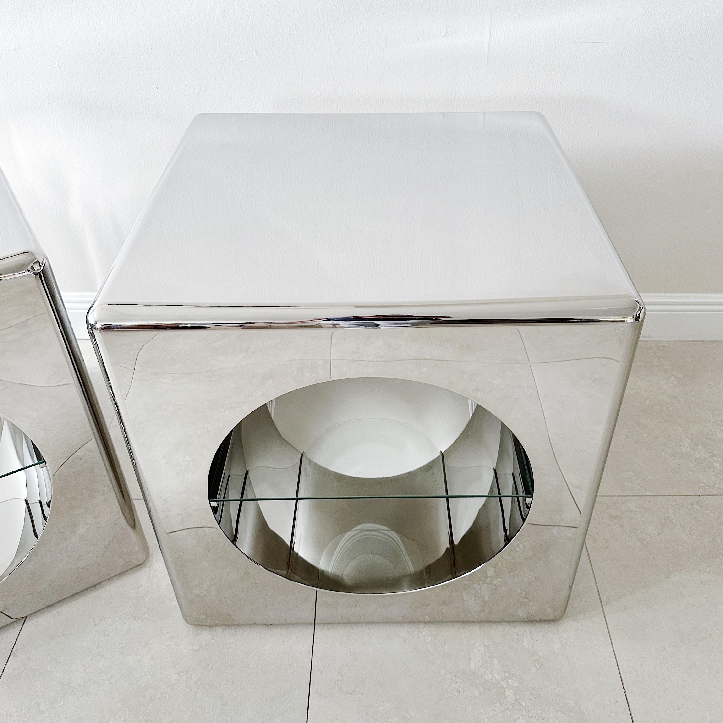 Vintage Polished Stainless Steel Cube Tables with Glass Shelves 2