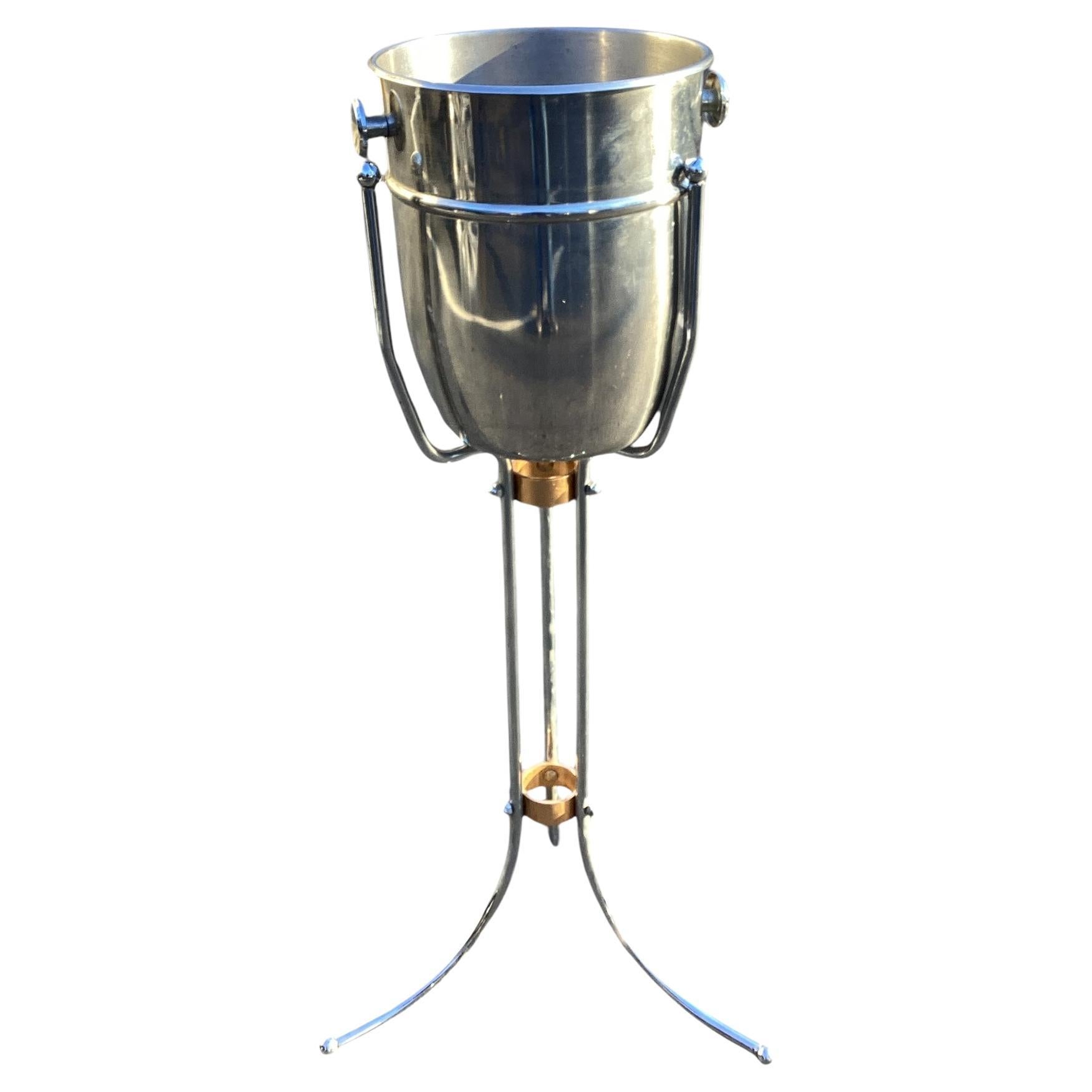 Vintage Polished Steel and Bronze Champagne Bucket with Stand