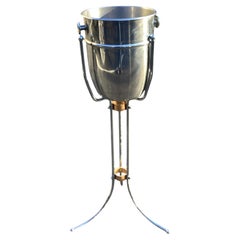 Secchiello da champagne d'epoca in acciaio lucido e bronzo con supporto