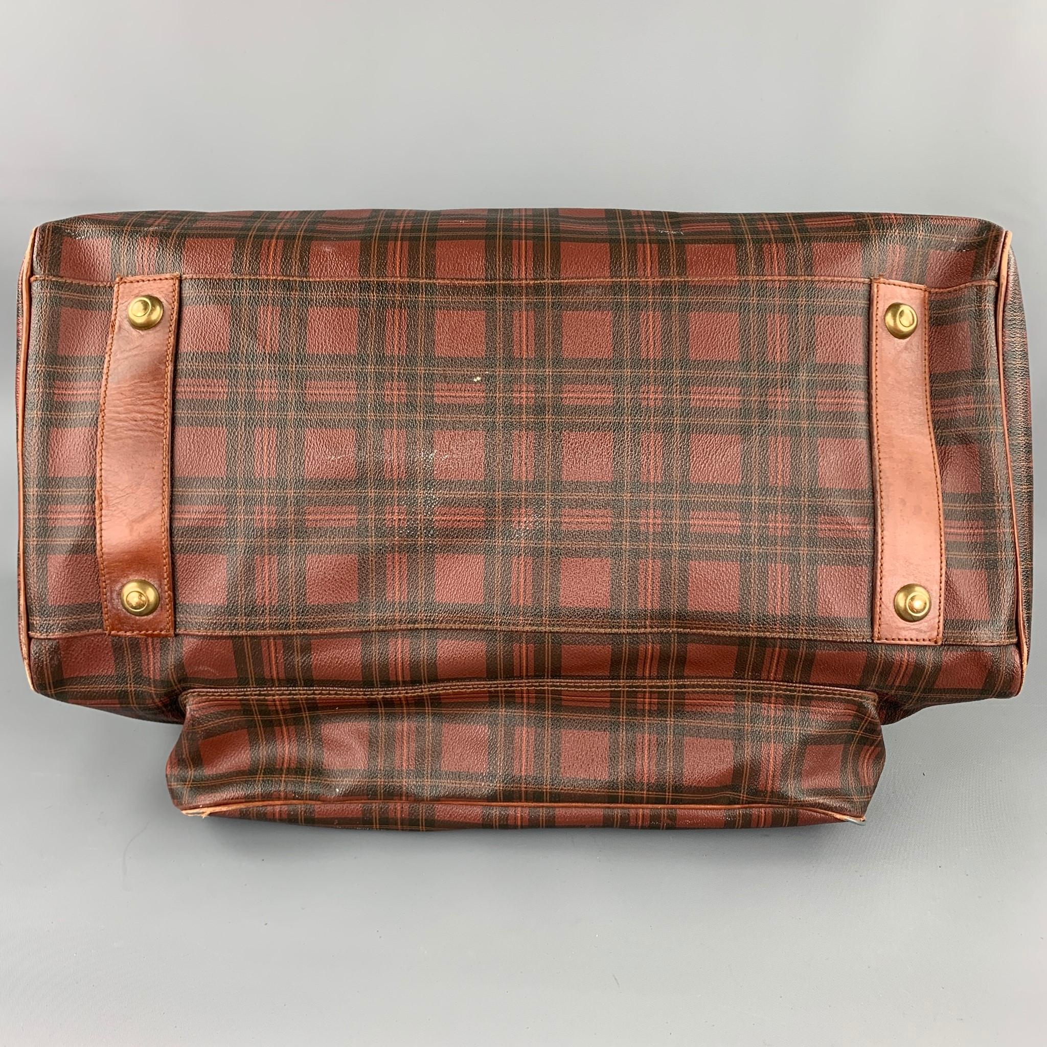 Vintage POLO by RALPH LAUREN Brown & Black Plaid Coated Canvas Travel Bag In Good Condition In San Francisco, CA