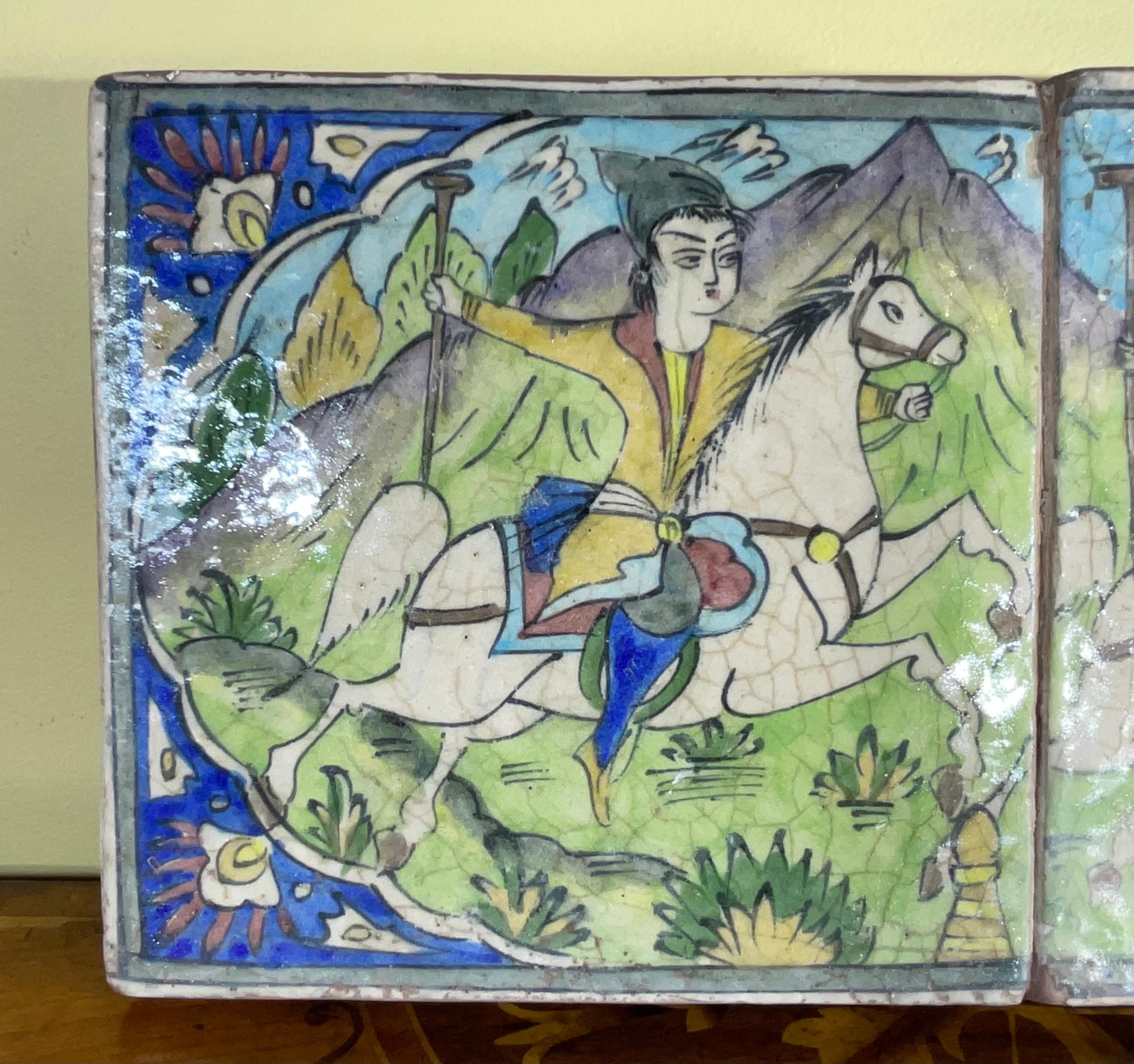 Vintage Polo Players Ceramic Persian Tile Wall Hanging In Good Condition In Delray Beach, FL