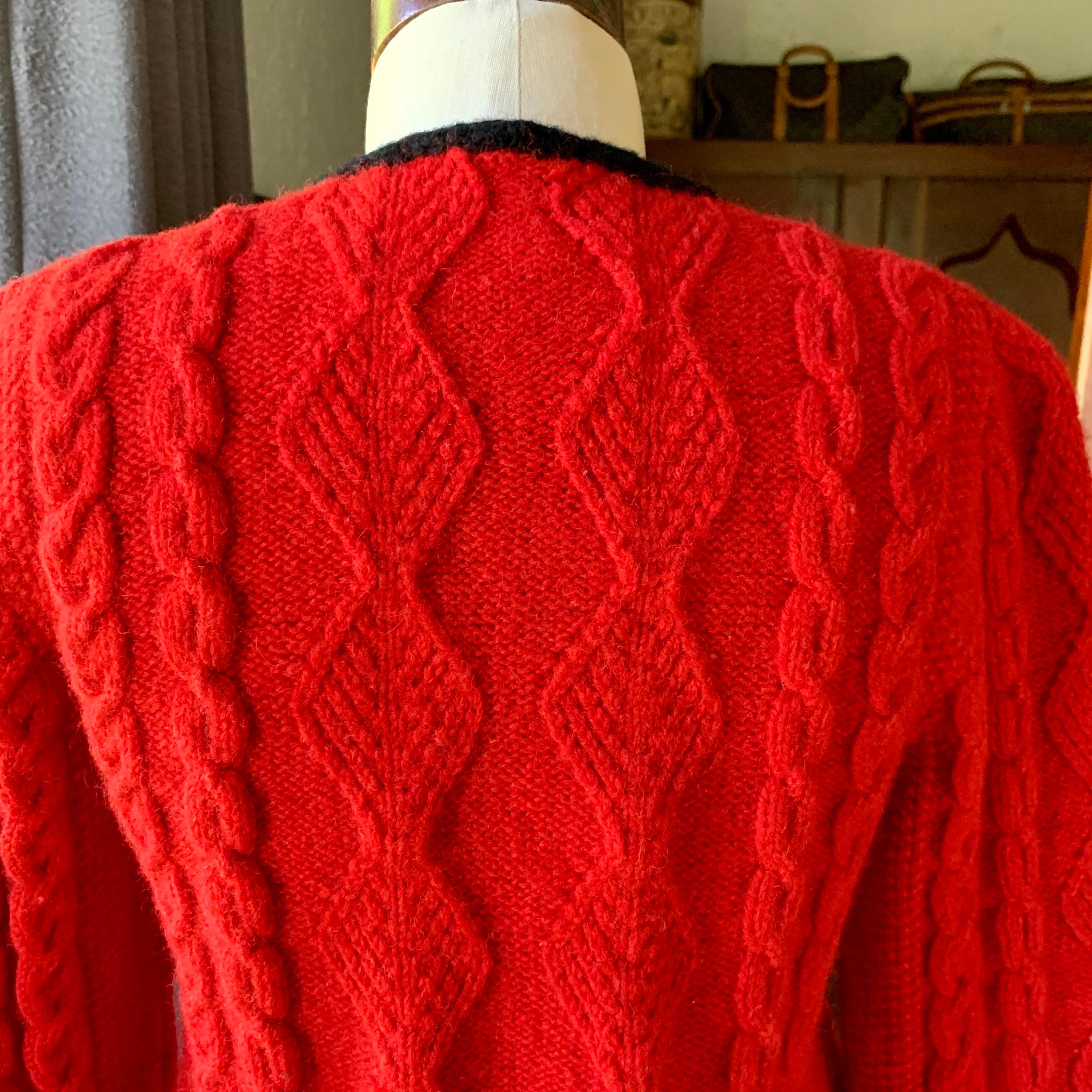Vintage POLO RALPH LAUREN 70s Red Cable Hand Knit Cardigan BRITIAN Sweater SMALL For Sale 7
