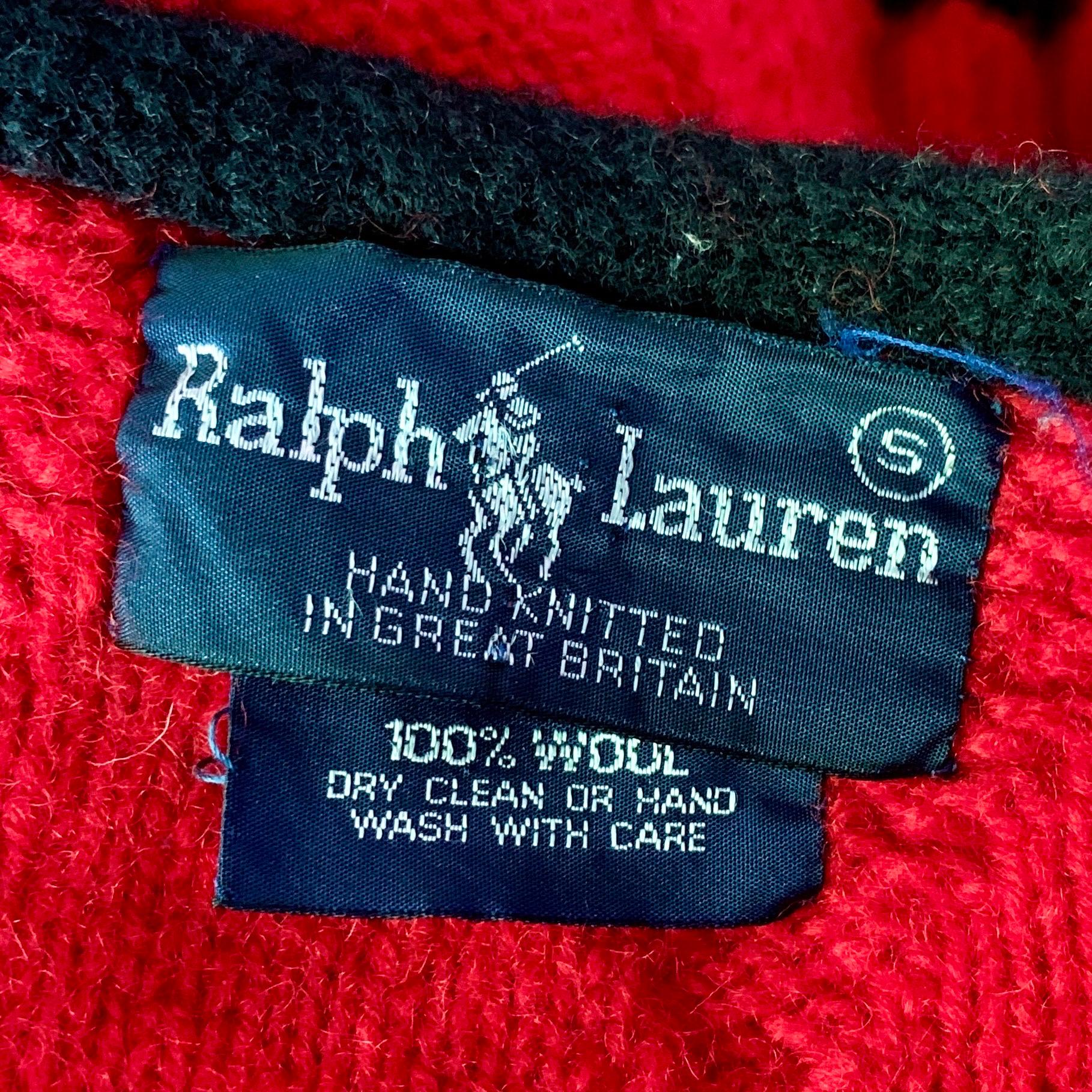 Vintage POLO RALPH LAUREN 70s Red Cable Hand Knit Cardigan BRITIAN Sweater SMALL For Sale 8