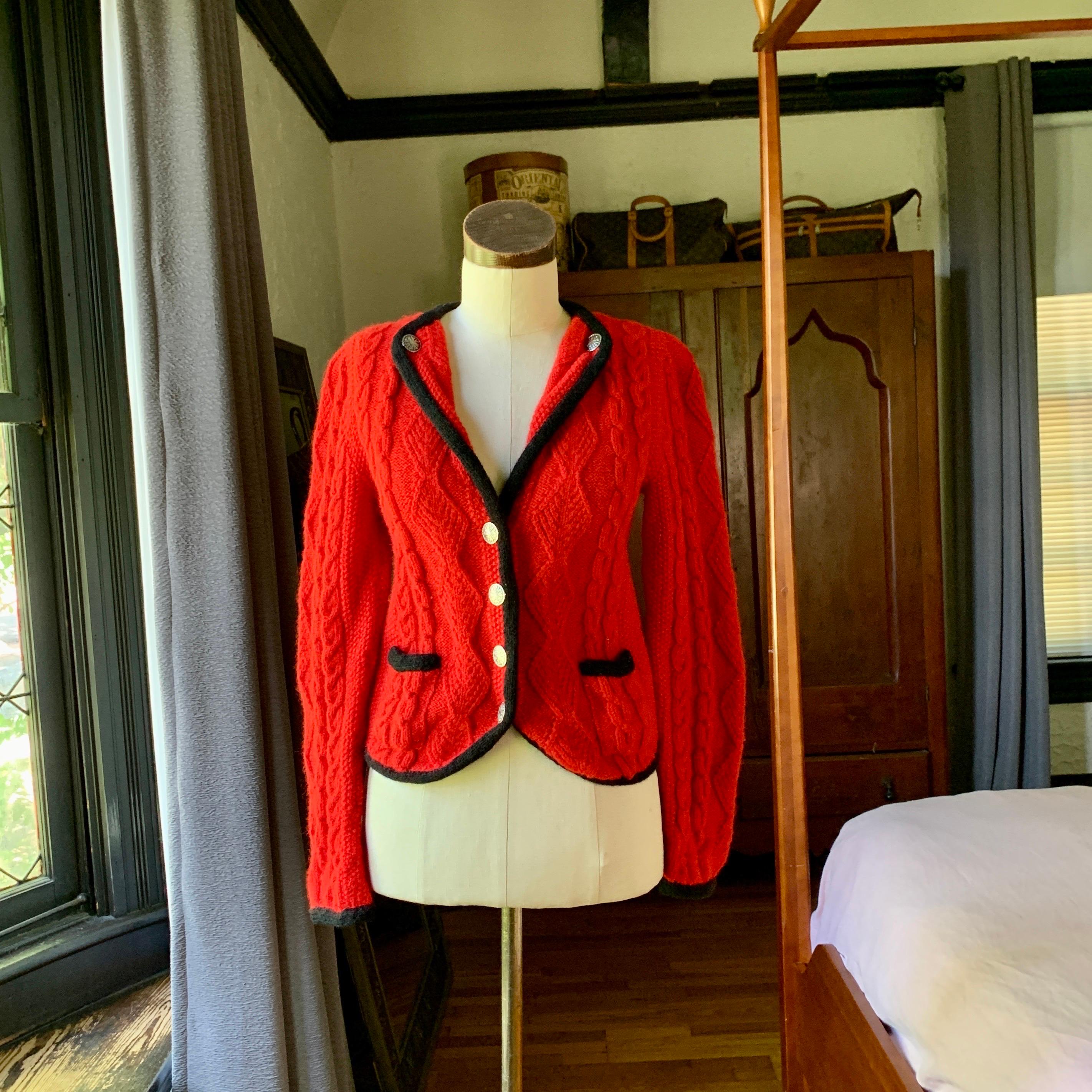 Vintage POLO RALPH LAUREN 70s Red Cable Hand Knit Cardigan BRITIAN Sweater SMALL In Good Condition For Sale In Asheville, NC