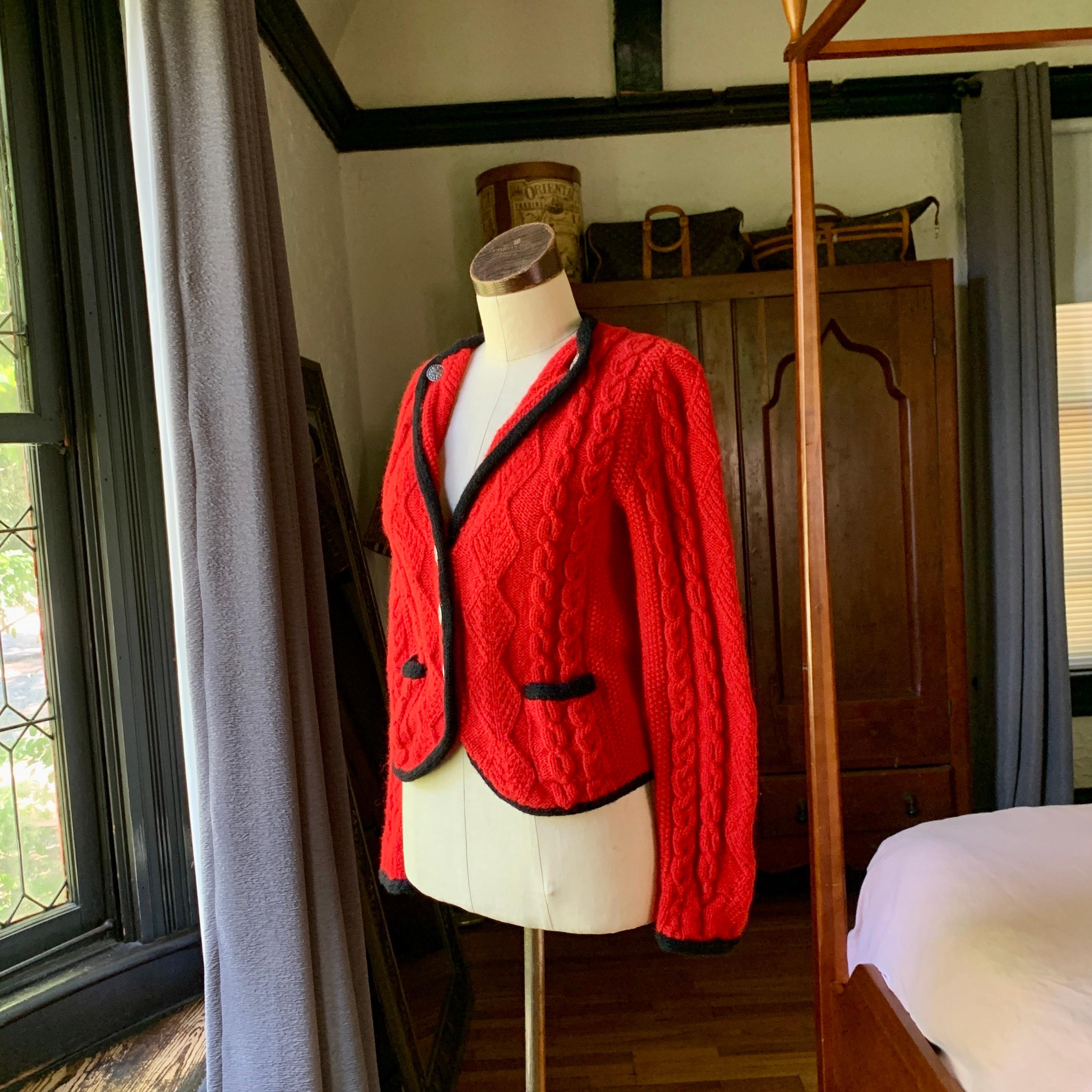 Women's or Men's Vintage POLO RALPH LAUREN 70s Red Cable Hand Knit Cardigan BRITIAN Sweater SMALL For Sale