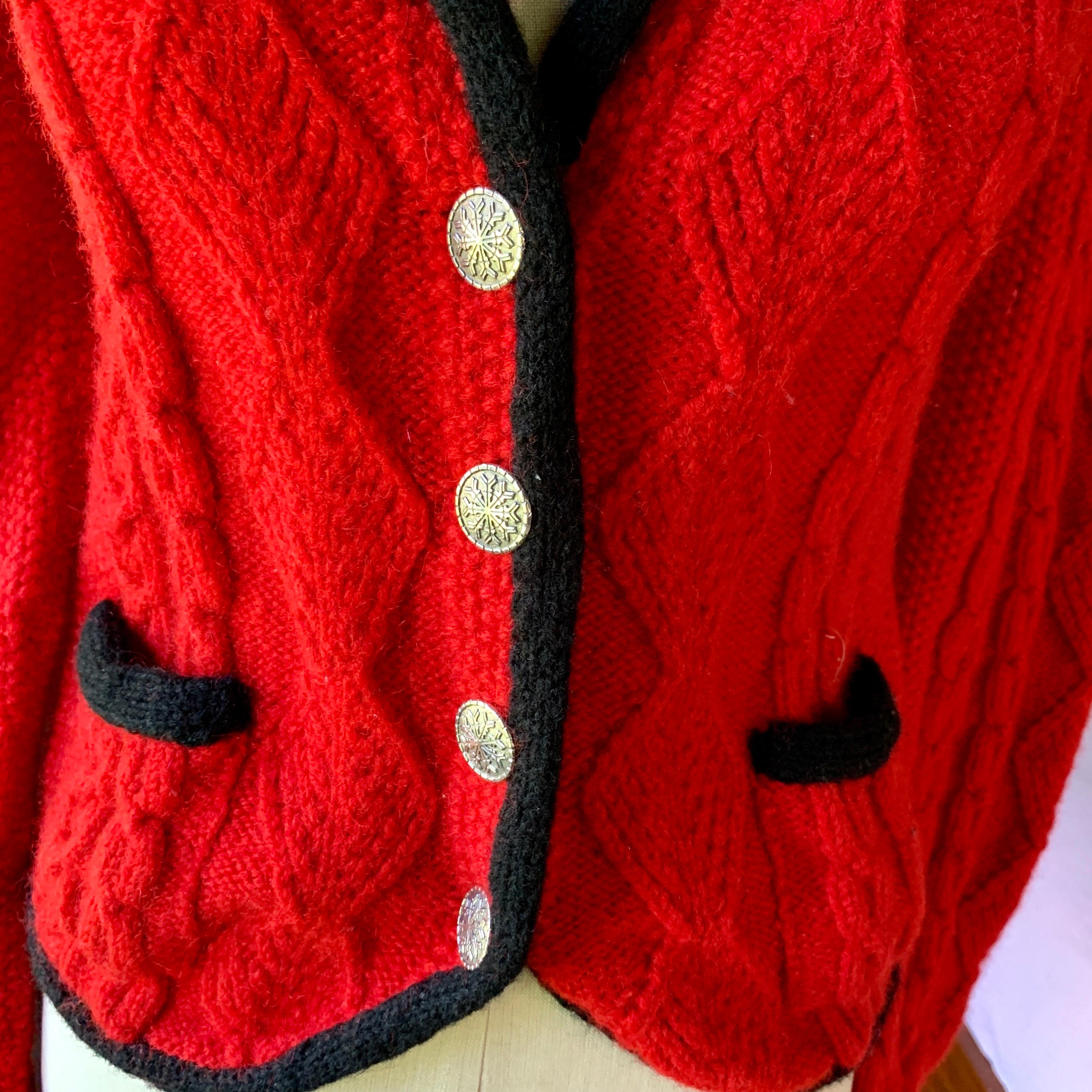Vintage POLO RALPH LAUREN 70s Red Cable Hand Knit Cardigan BRITIAN Sweater SMALL For Sale 1