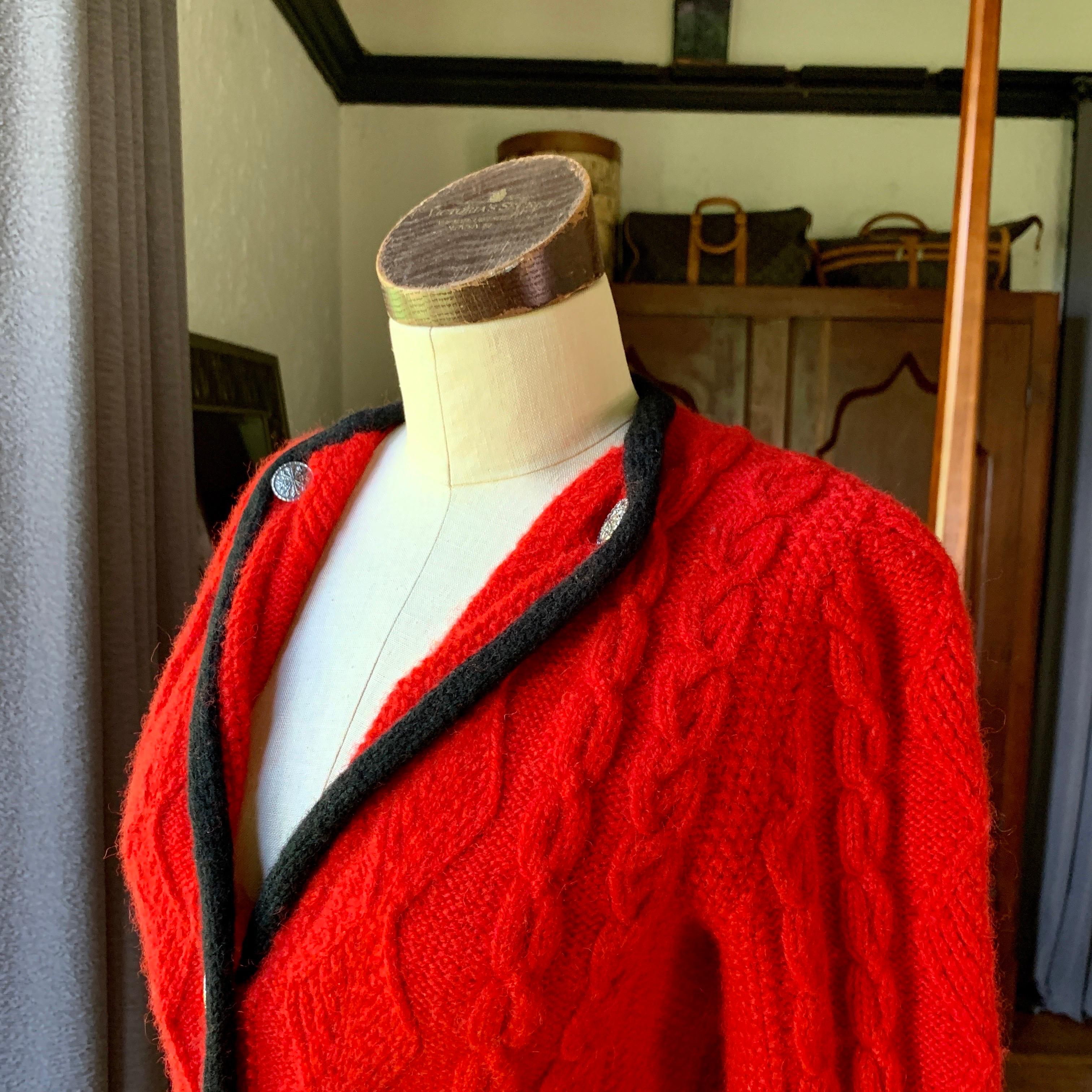 Vintage POLO RALPH LAUREN 70s Red Cable Hand Knit Cardigan BRITIAN Sweater SMALL For Sale 3