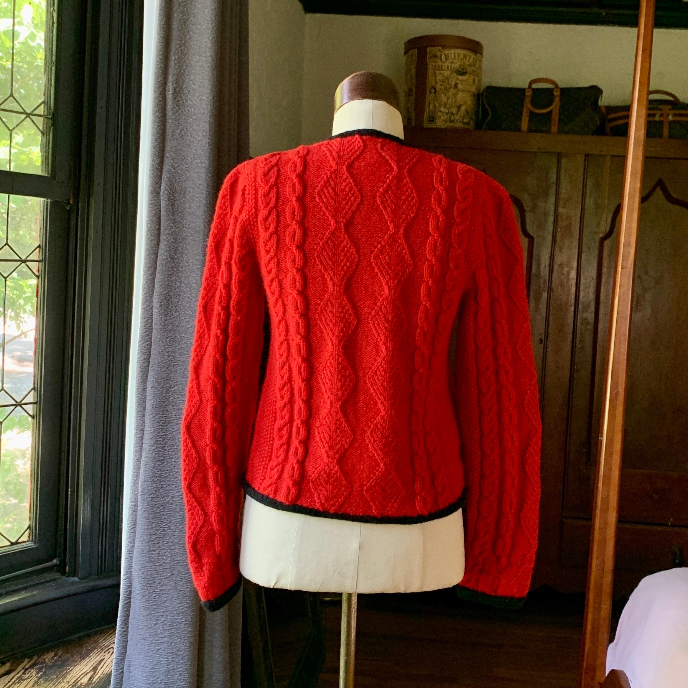 Vintage POLO RALPH LAUREN 70s Red Cable Hand Knit Cardigan BRITIAN Sweater SMALL For Sale 4