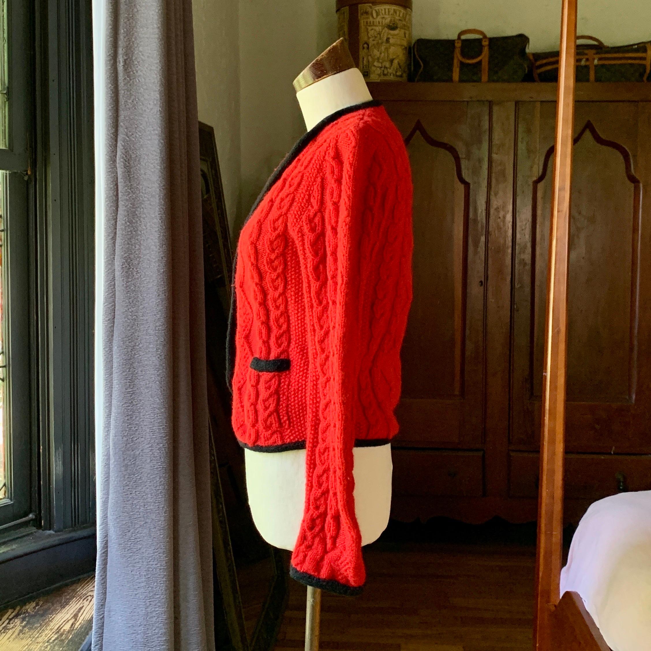 Vintage POLO RALPH LAUREN 70s Red Cable Hand Knit Cardigan BRITIAN Sweater SMALL For Sale 5