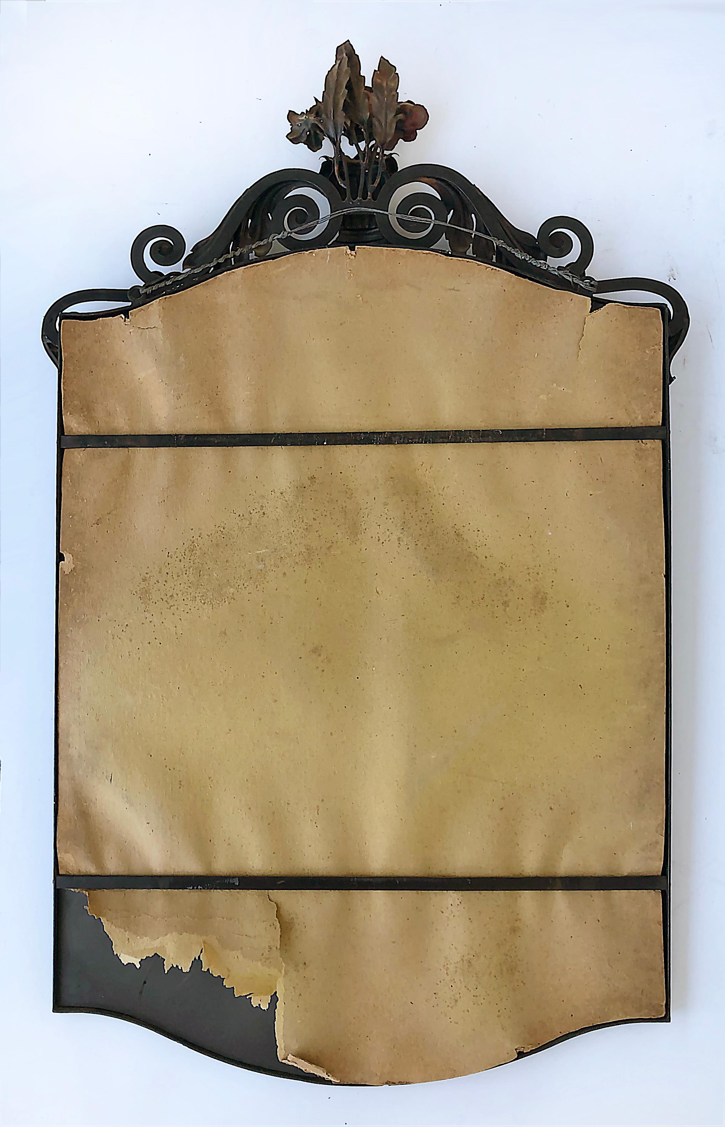 20th Century Vintage Polychrome Parcel Gilt Wrought Iron Wall Mirror, Floral Crest