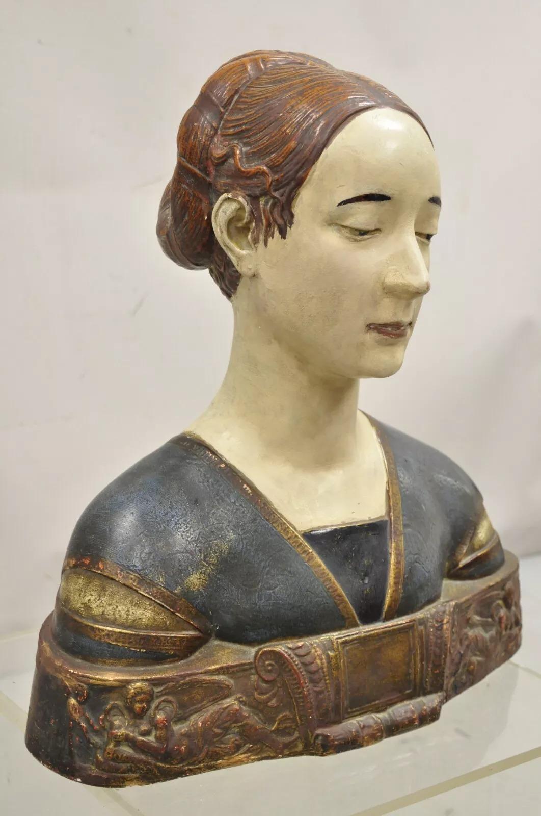 Rinascimento Vintage Busto in gesso policromo Ippolita Maria Sforza Statua in stile rinascimentale in vendita