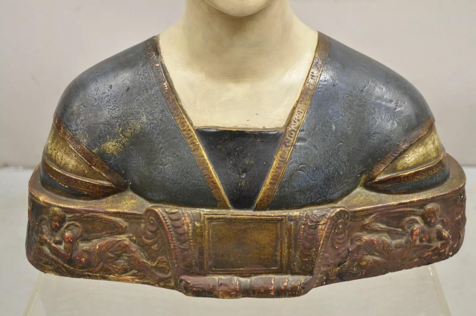 Sconosciuto Vintage Busto in gesso policromo Ippolita Maria Sforza Statua in stile rinascimentale in vendita